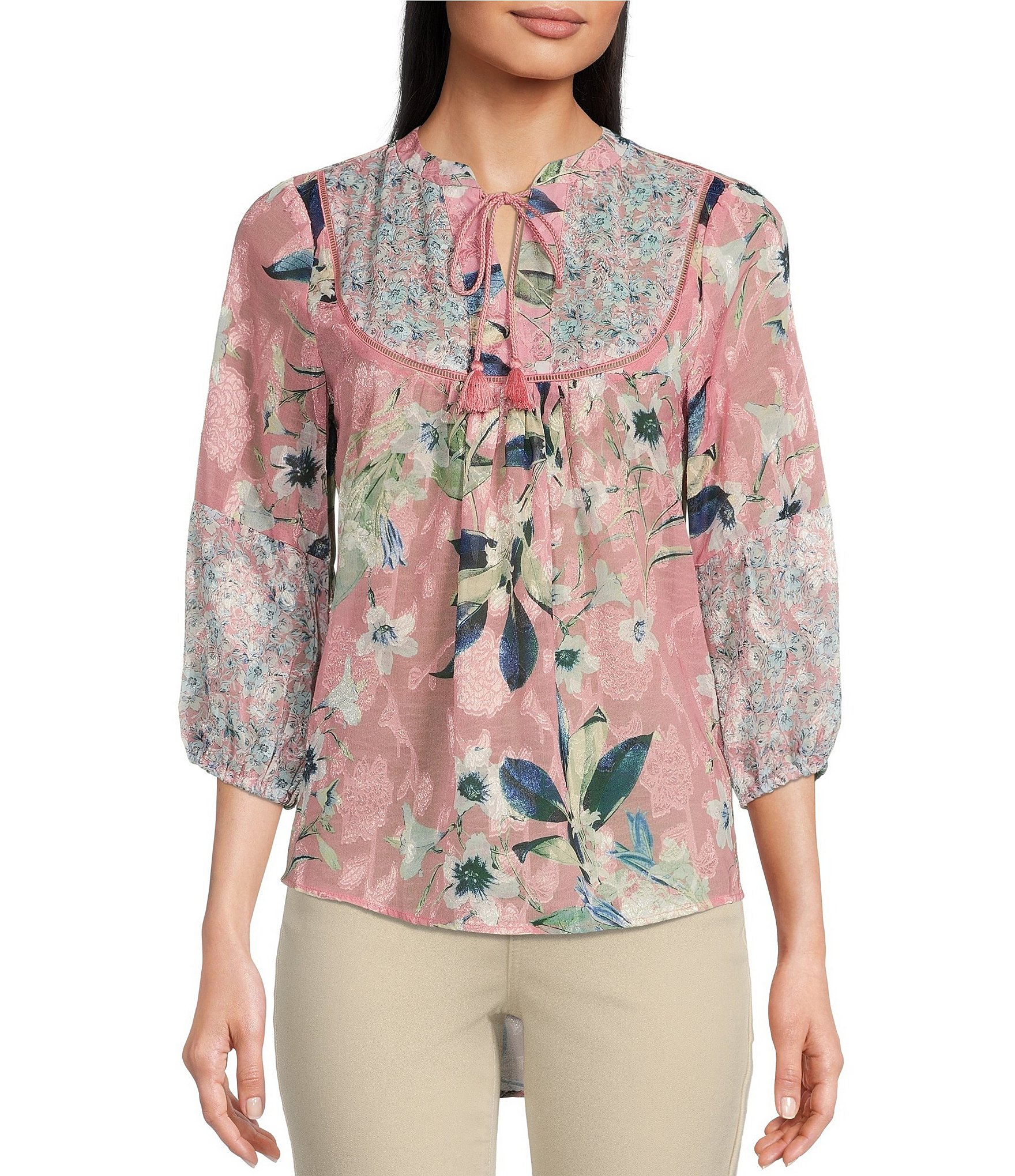 Cupio Floral Print Woven Jacquard Split Round Neck 3/4 Blouson Sleeve ...