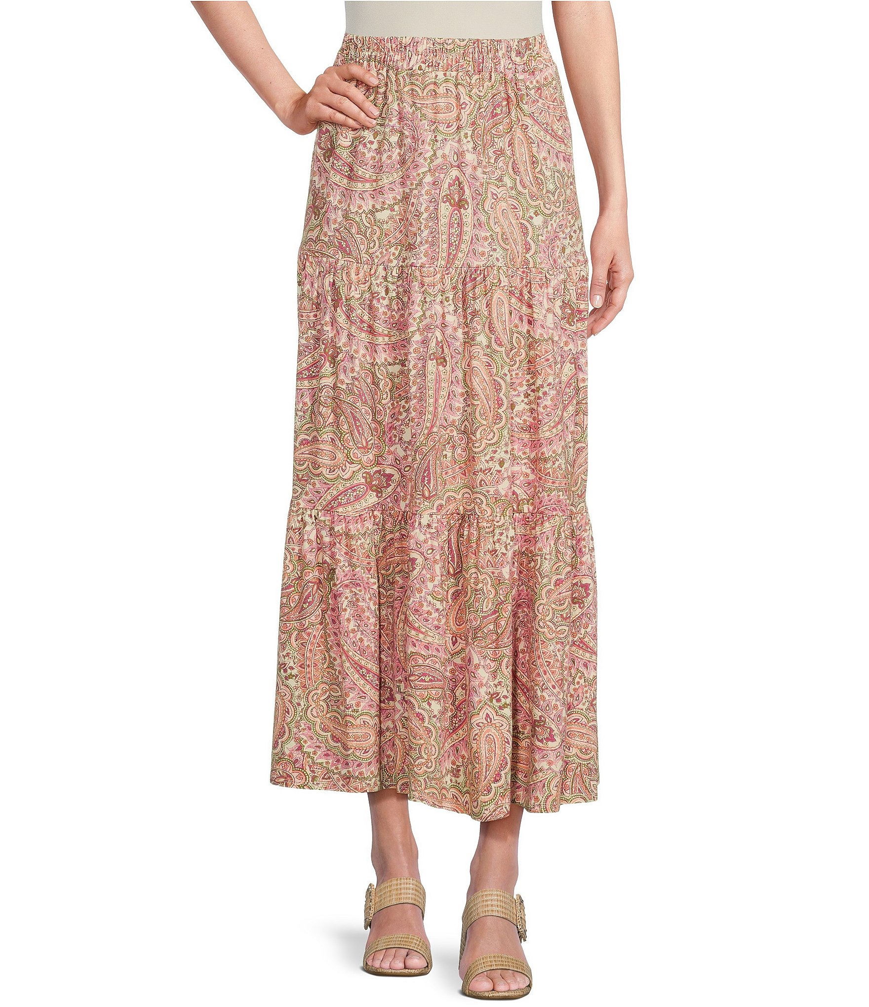 Cupio Juliana Crepe Paisley Print Tiered Hem A-Line Skirt | Dillard's