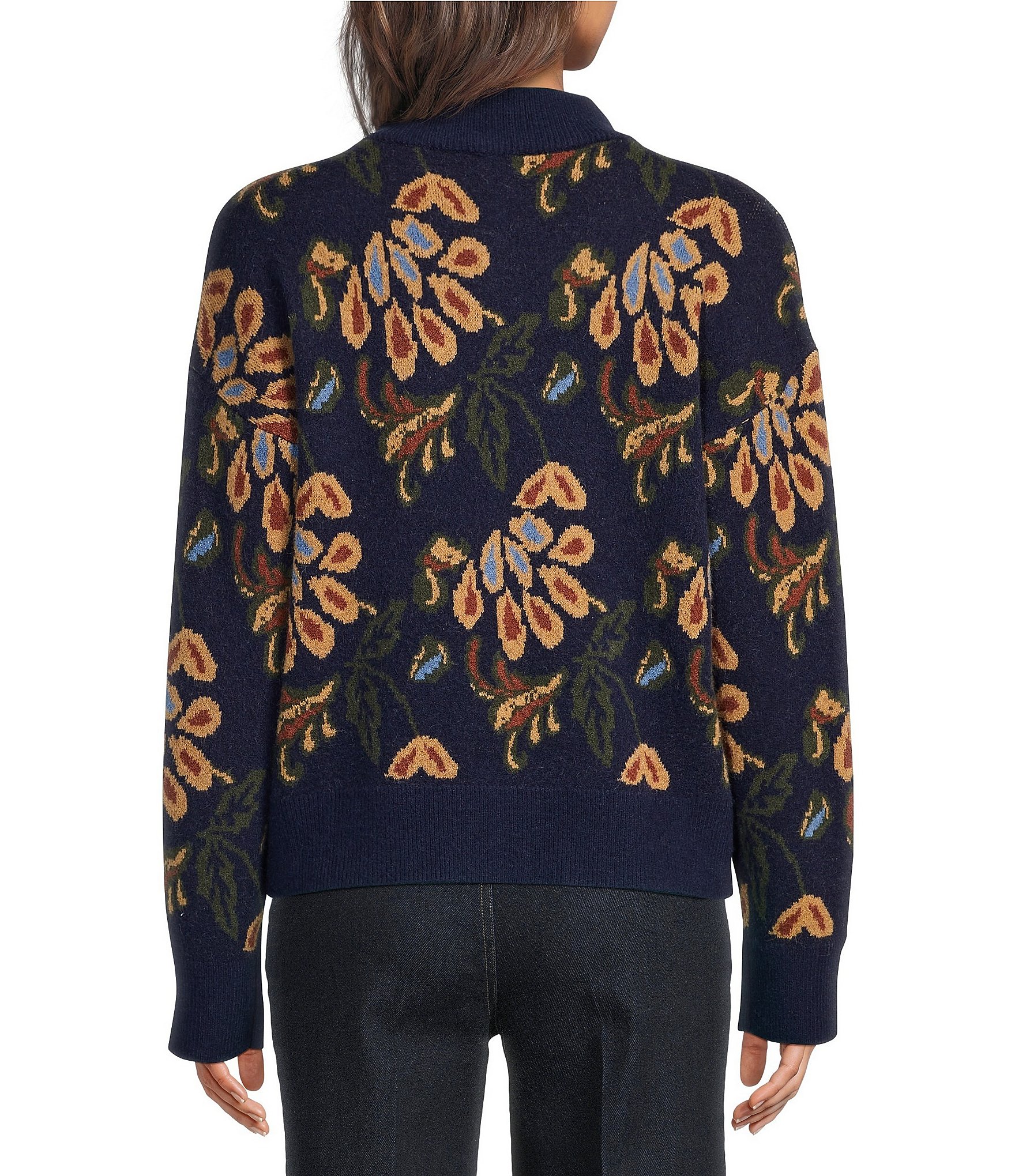 Current Air Jacquard Floral Print Mock Neck Long Sleeve Front Partial Zipper Sweater Top