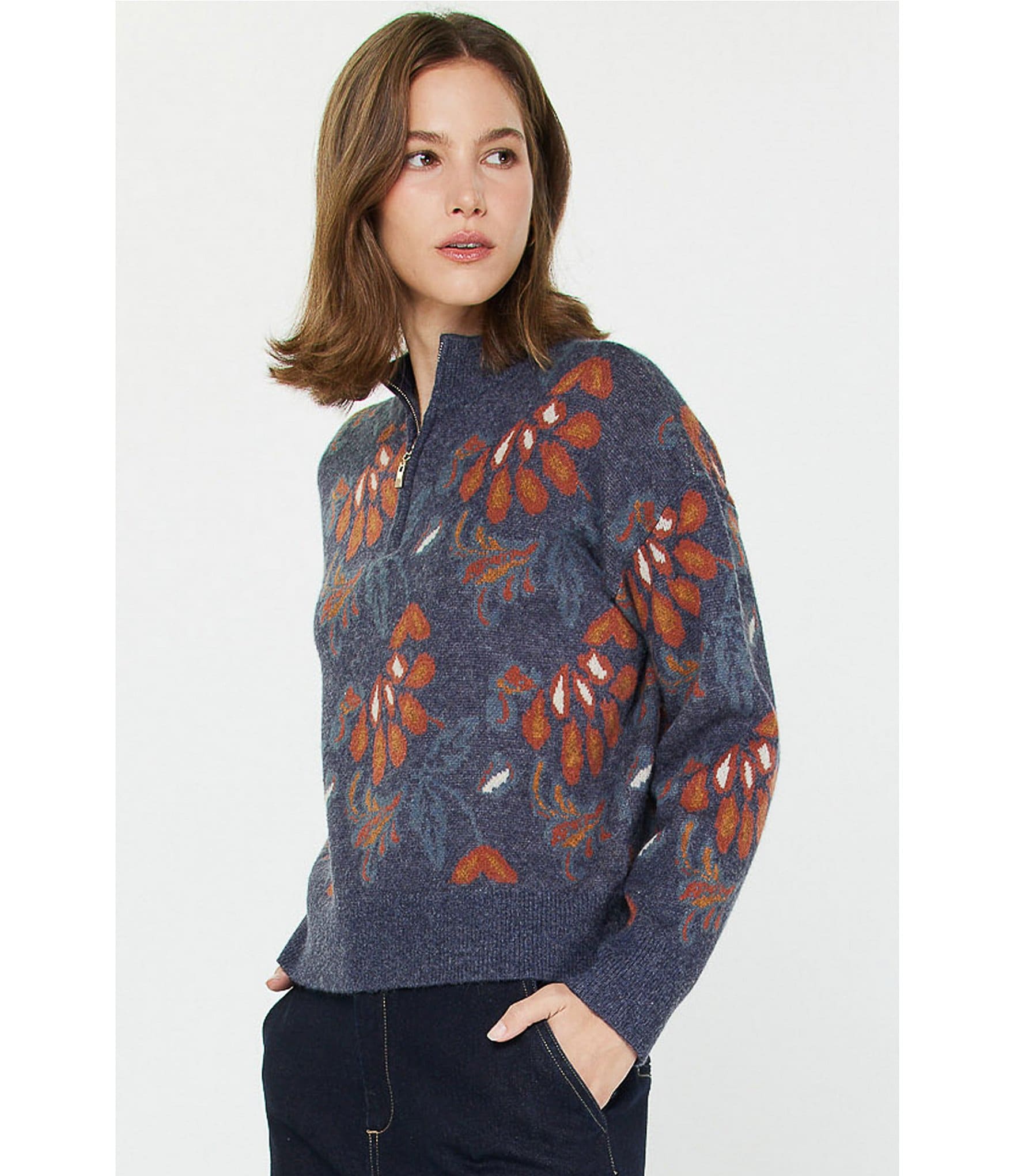 Current Air Jacquard Floral Print Mock Neck Long Sleeve Front Partial Zipper Sweater Top