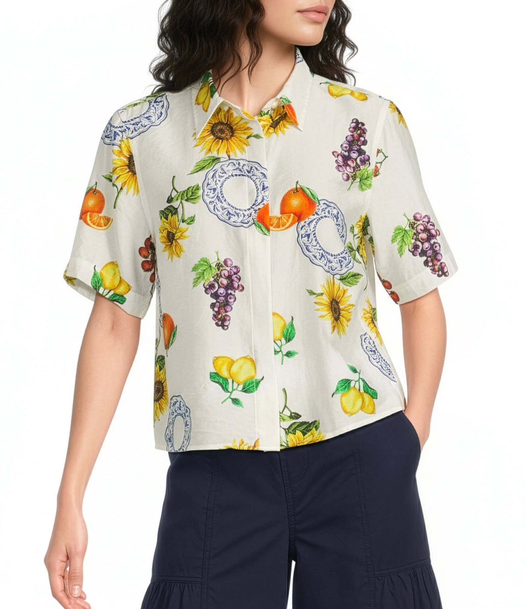 Current Air Coordinating Floral Fruit Print Point Collar Short Sleeve Button Front Shirt