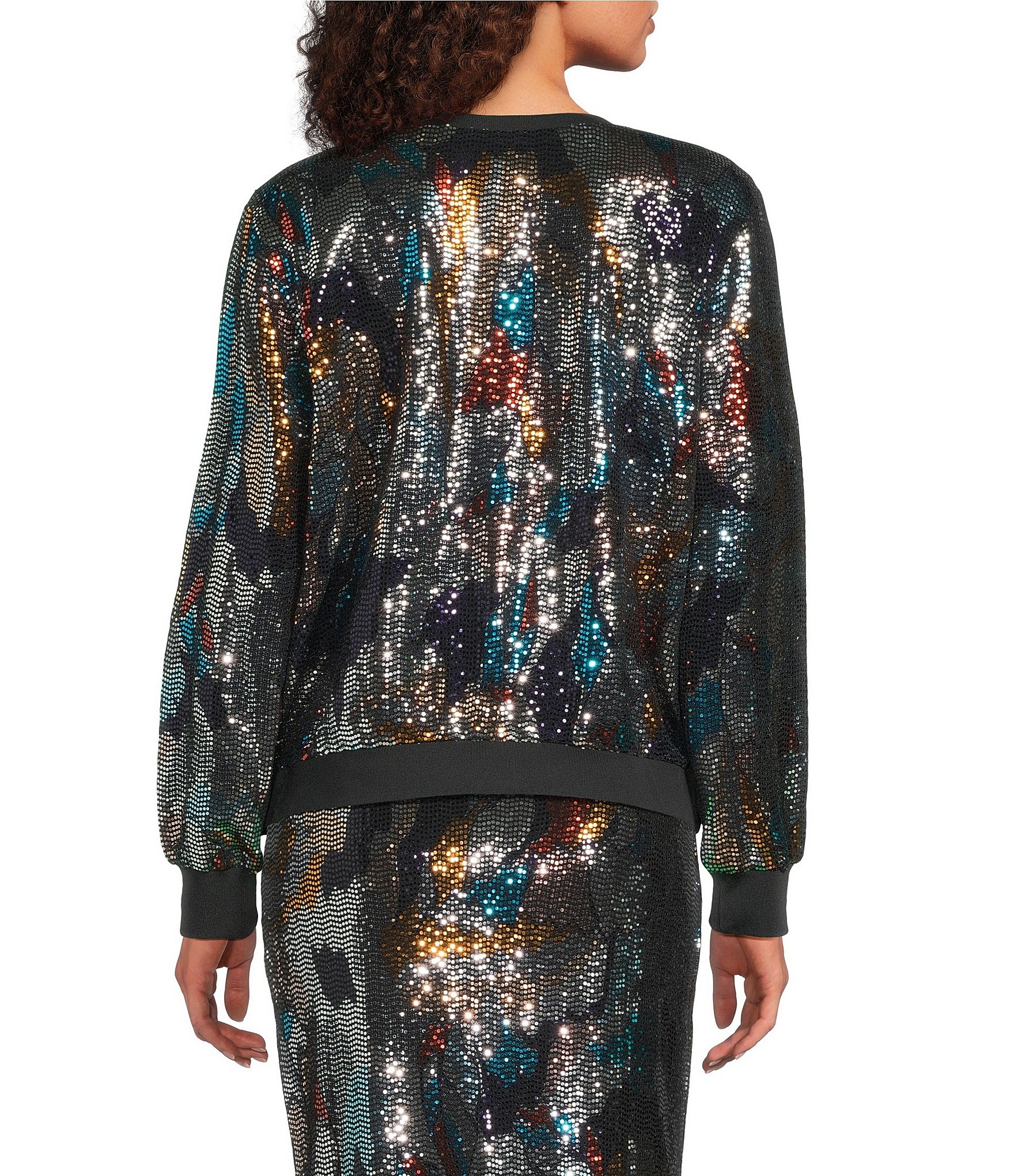 Current Air Coordinating Metallic Sequin Round Neck Button Front Cardigan