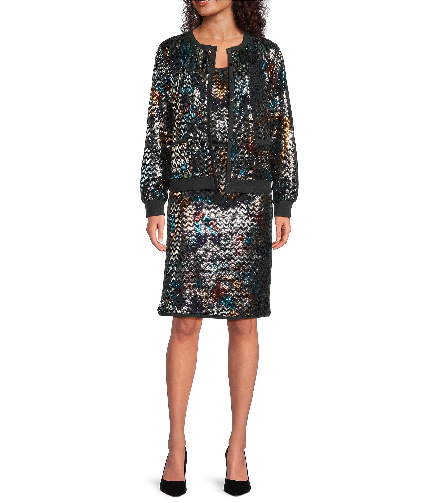 Current Air Coordinating Metallic Sequin Round Neck Button Front Cardigan