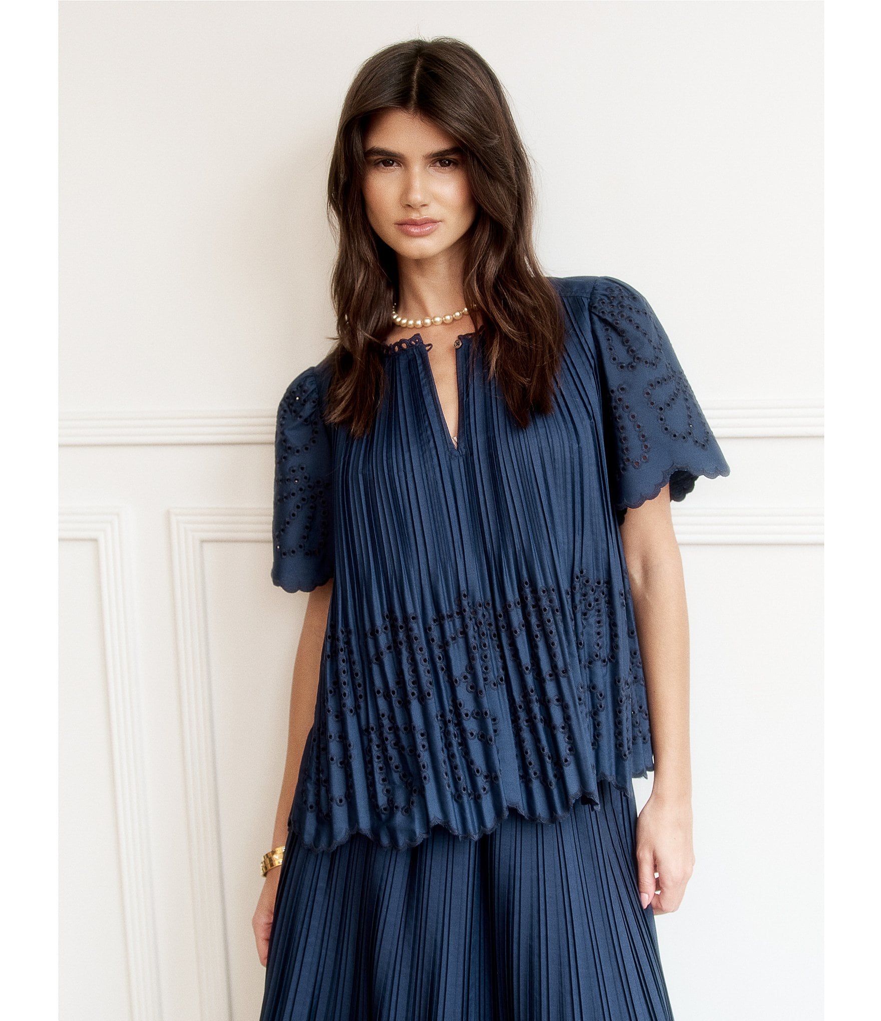 Current Air Coordinating Pleated Eyelet Round Keyhole Neck Short Sleeve Top