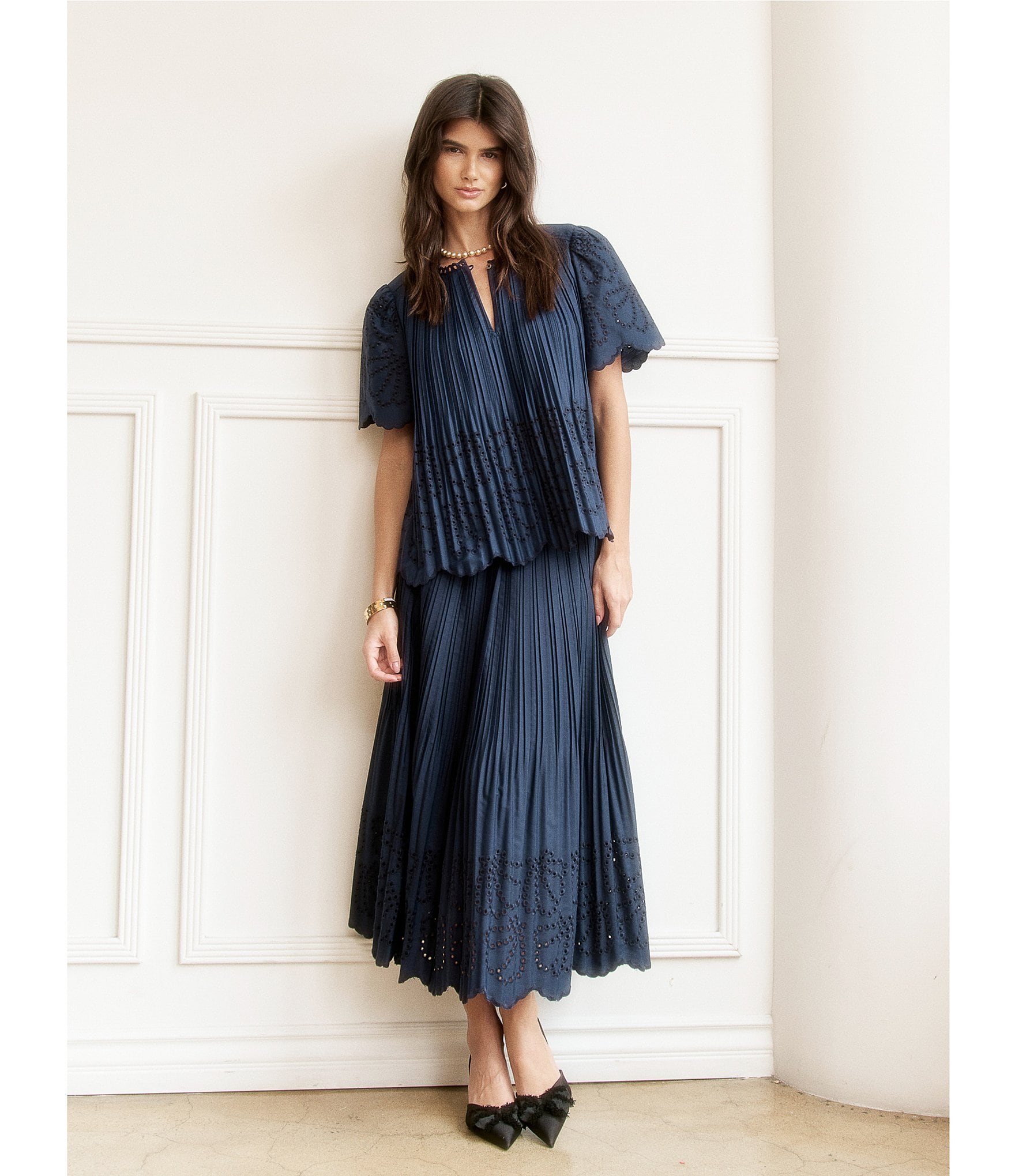 Current Air Coordinating Pleated Eyelet Round Keyhole Neck Short Sleeve Top