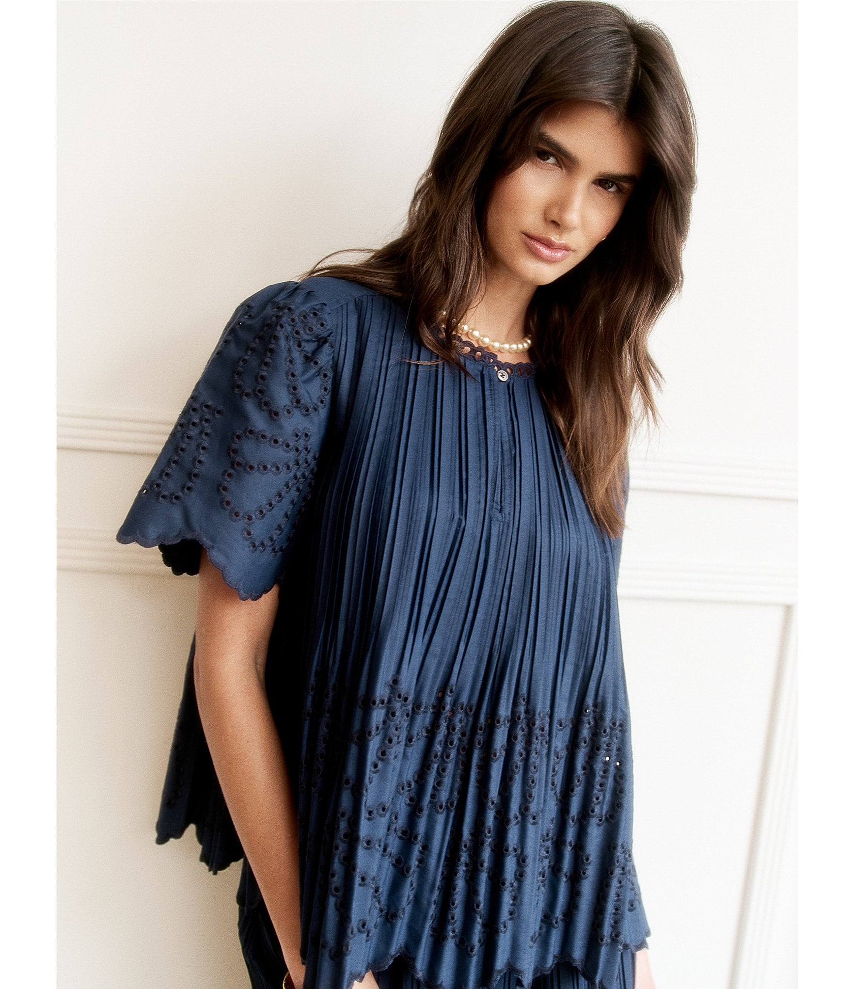 Current Air Coordinating Pleated Eyelet Round Keyhole Neck Short Sleeve Top