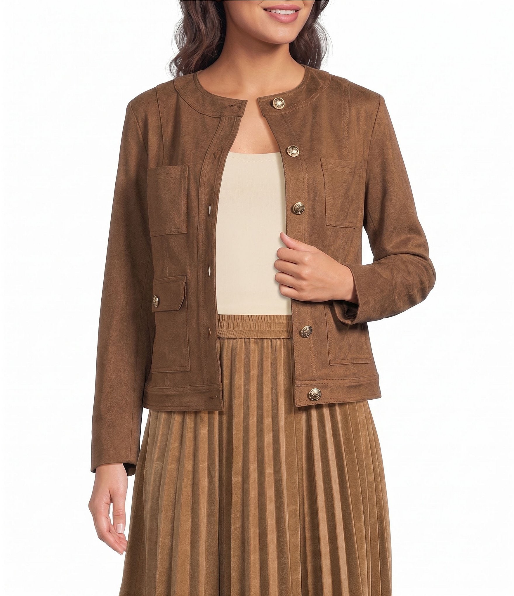 Current Air Faux Suede Round Neck Long Sleeve Button Front Jacket