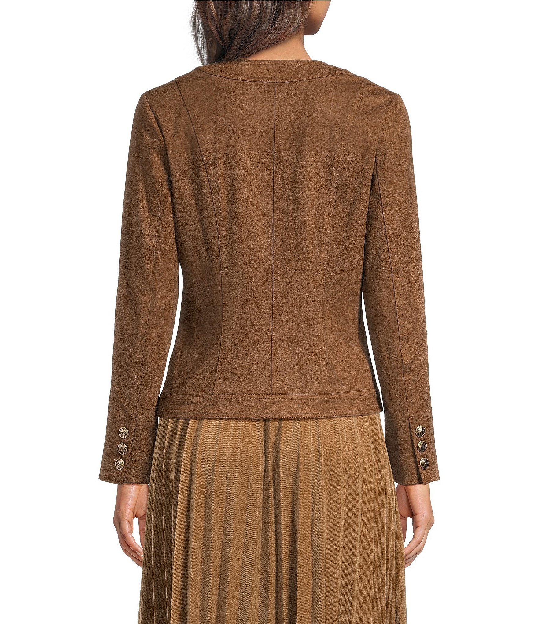 Current Air Faux Suede Round Neck Long Sleeve Button Front Jacket