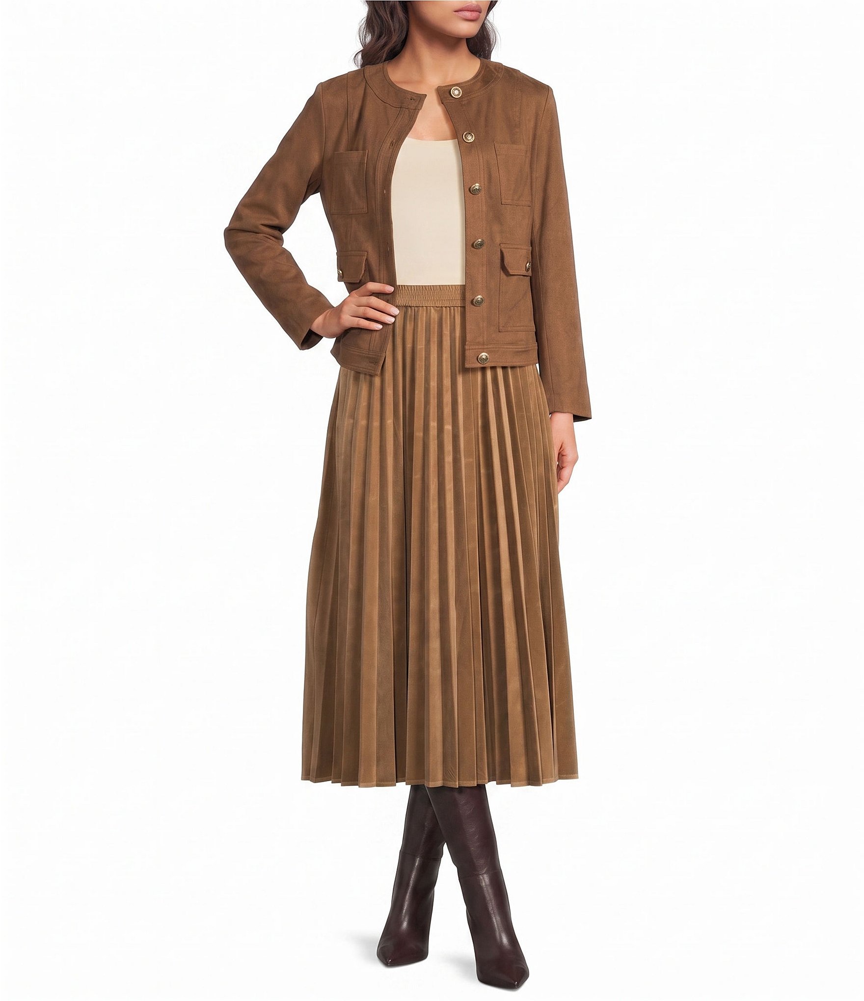 Current Air Faux Suede Round Neck Long Sleeve Button Front Jacket