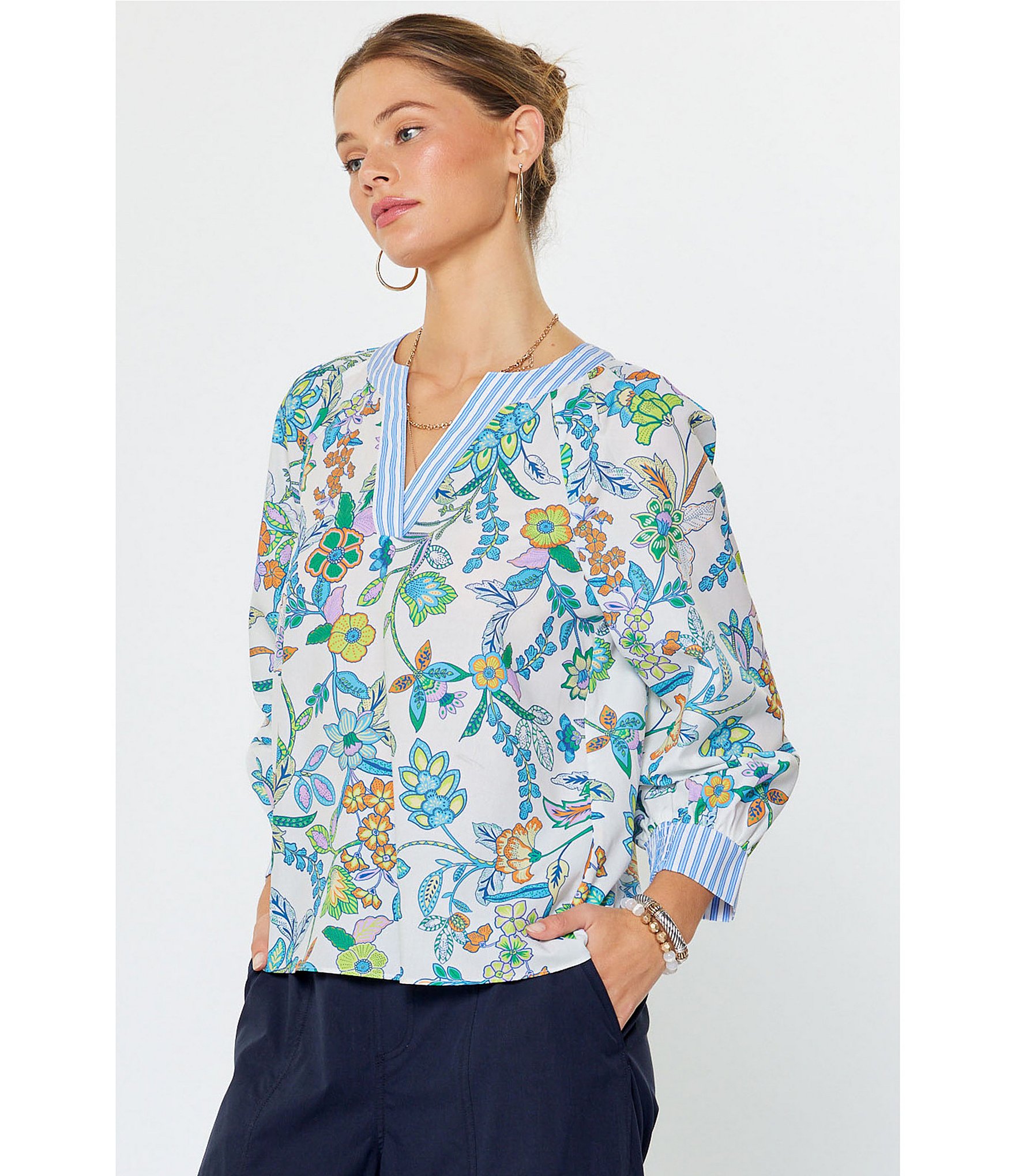 Current Air Floral Poplin Stripe Trim Split V-Neck 3/4 Raglan Sleeve Top