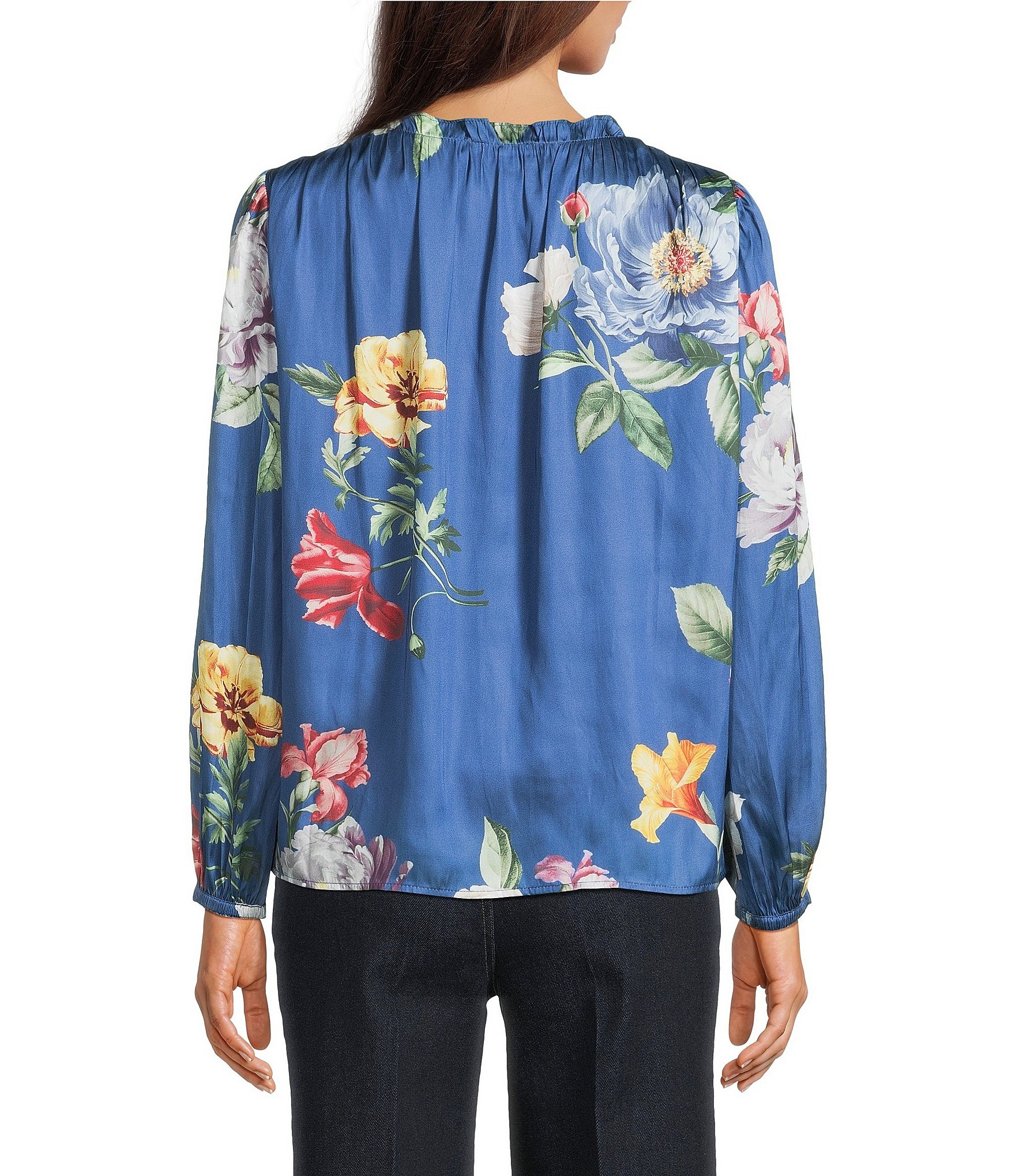 Current Air Floral Satin Ruffle Collar Long Sleeve Top