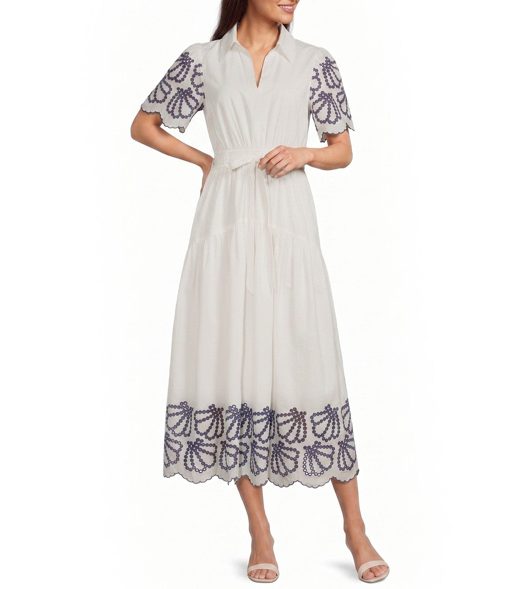 Current Air Poplin Collared Split V-Neck Short Sleeve Scalloped Embroidered A-Line Midi Dress