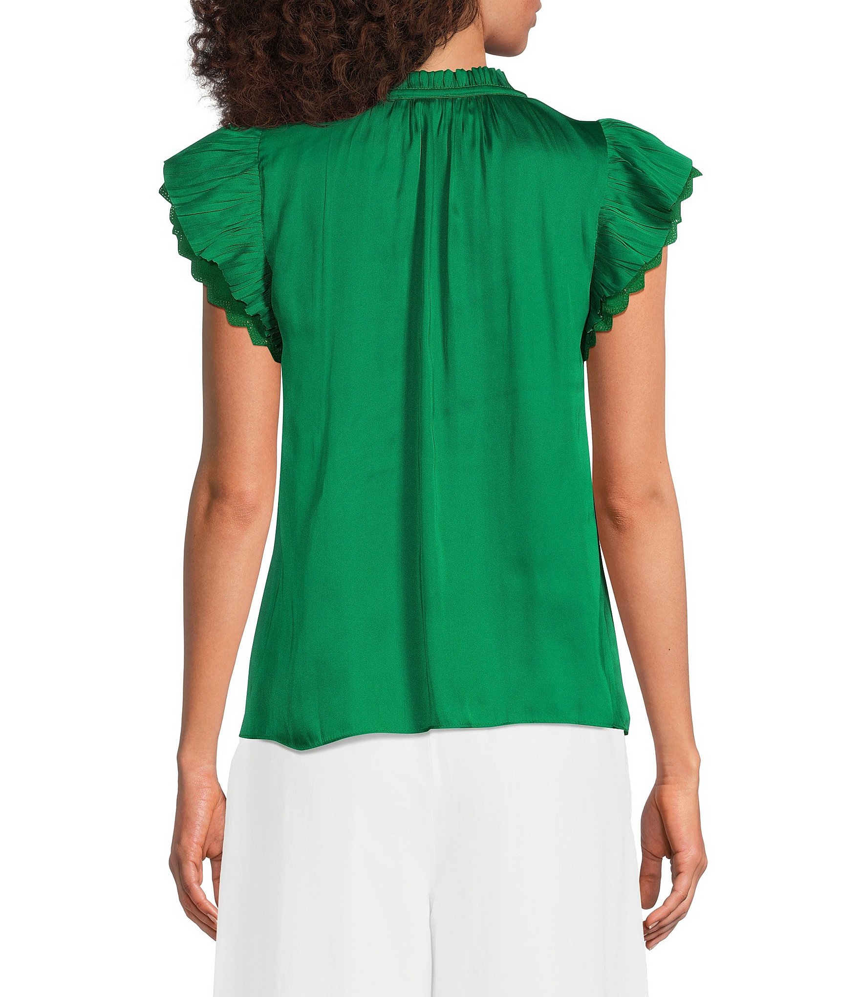 Current Air Satin Split Neck Ruffle Collar Double Layer Cap Flutter Lace Sleeve Top
