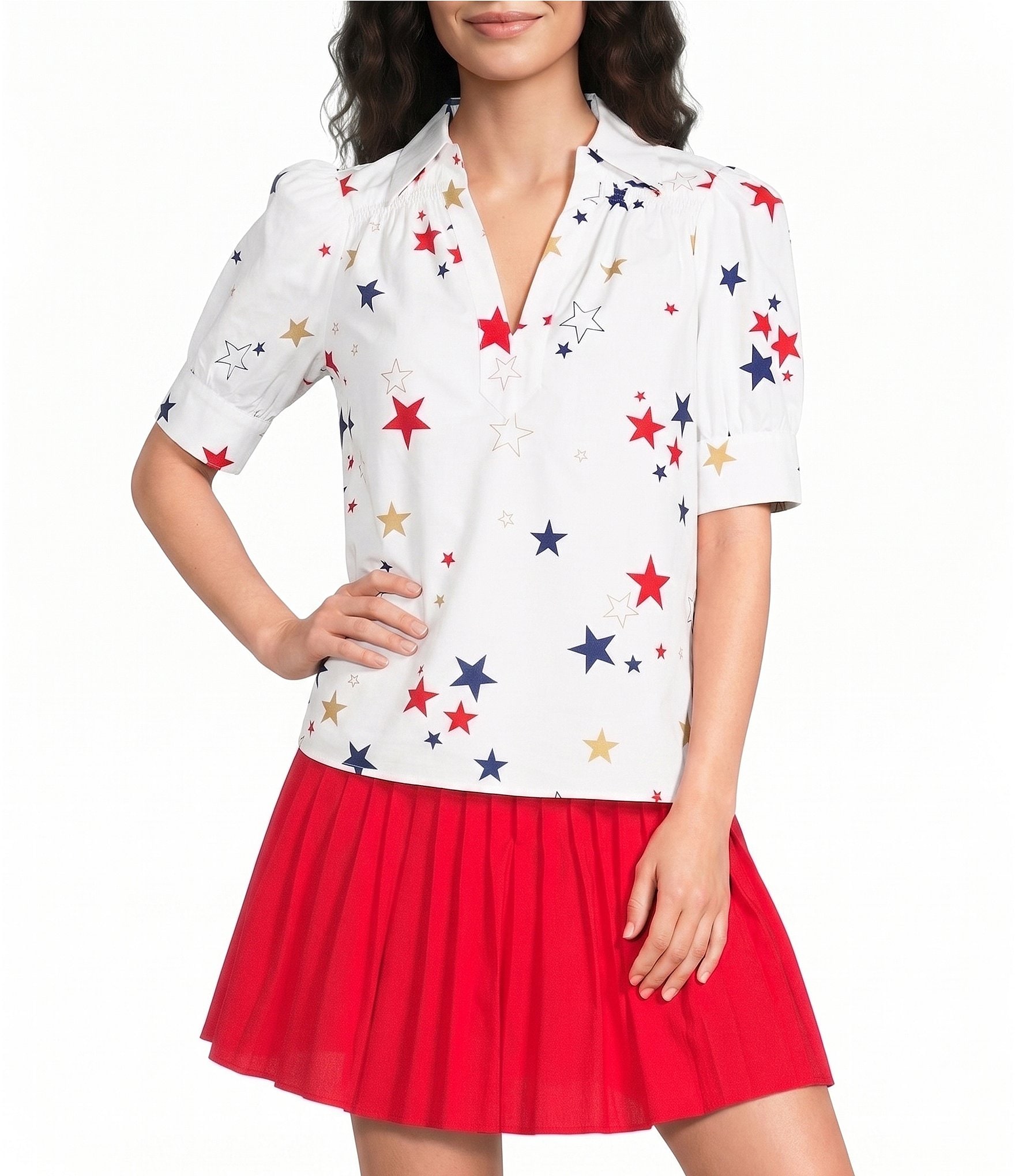 Current Air Star Print Cotton Poplin Collared Split V-Neck Short Puff Sleeve Top