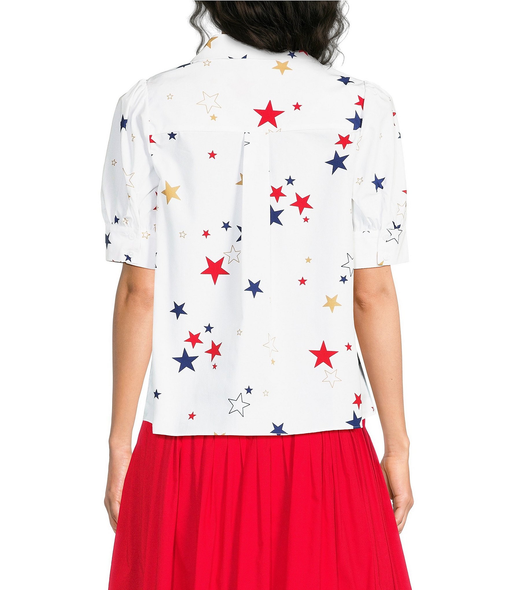 Current Air Star Print Cotton Poplin Collared Split V-Neck Short Puff Sleeve Top