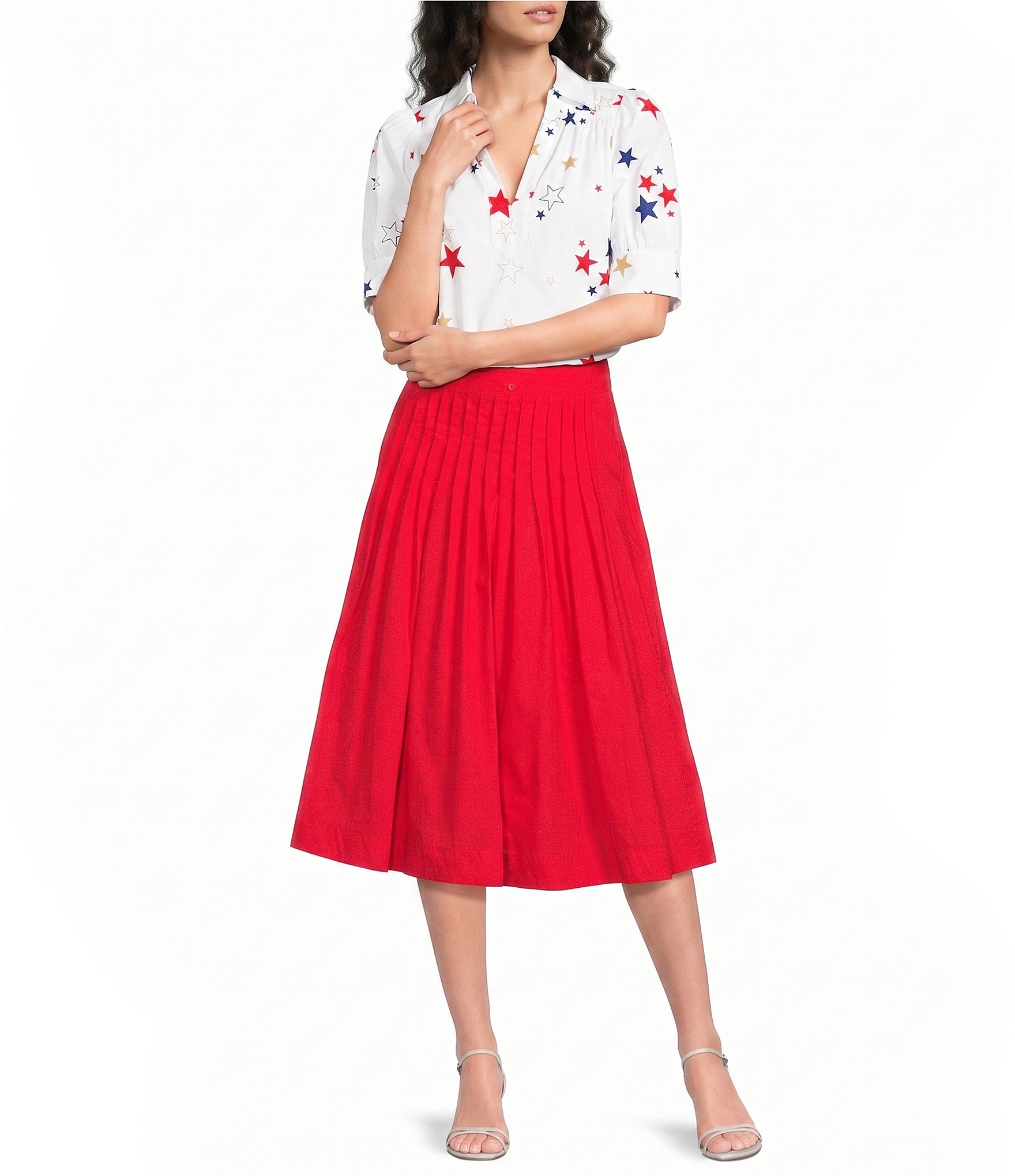 Current Air Star Print Cotton Poplin Collared Split V-Neck Short Puff Sleeve Top