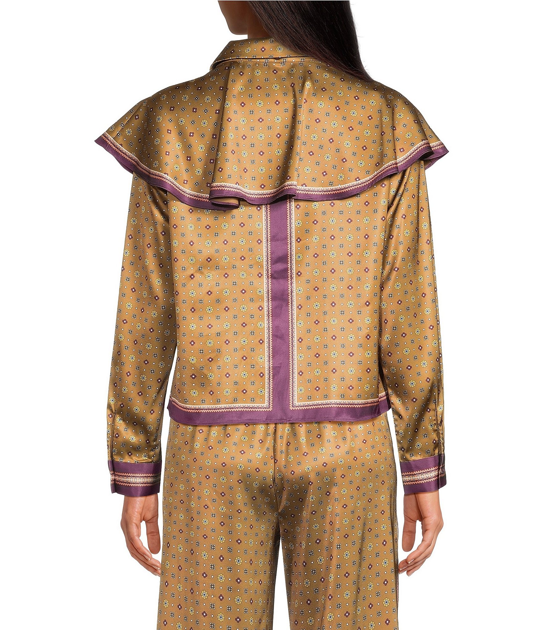 Current Air Woven Satin Polka Dot Print Point Collar Button Down Cape Coordinating Blouse