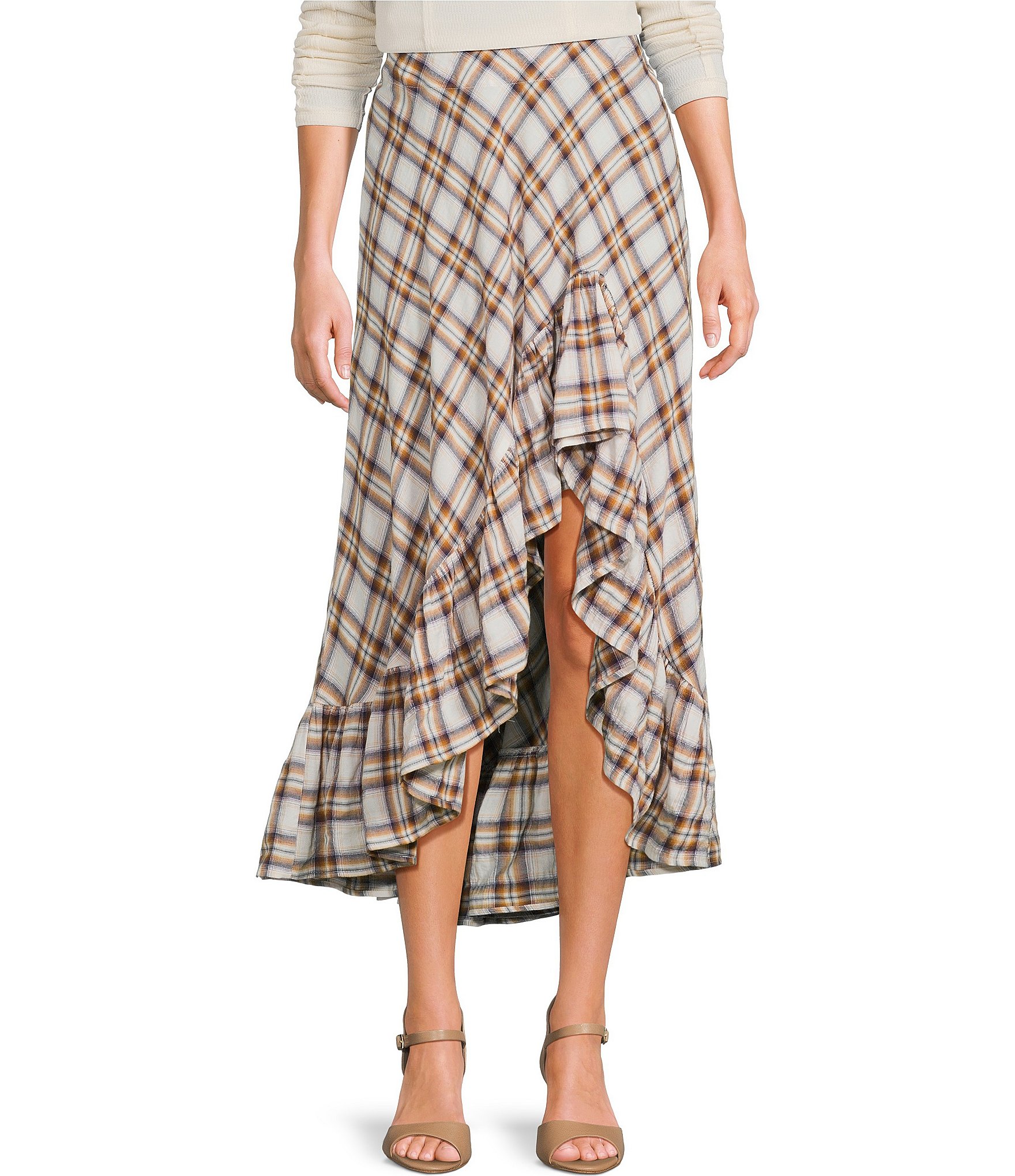 C&V Chelsea & Violet Plaid Asymmetric Ruffle Skirt