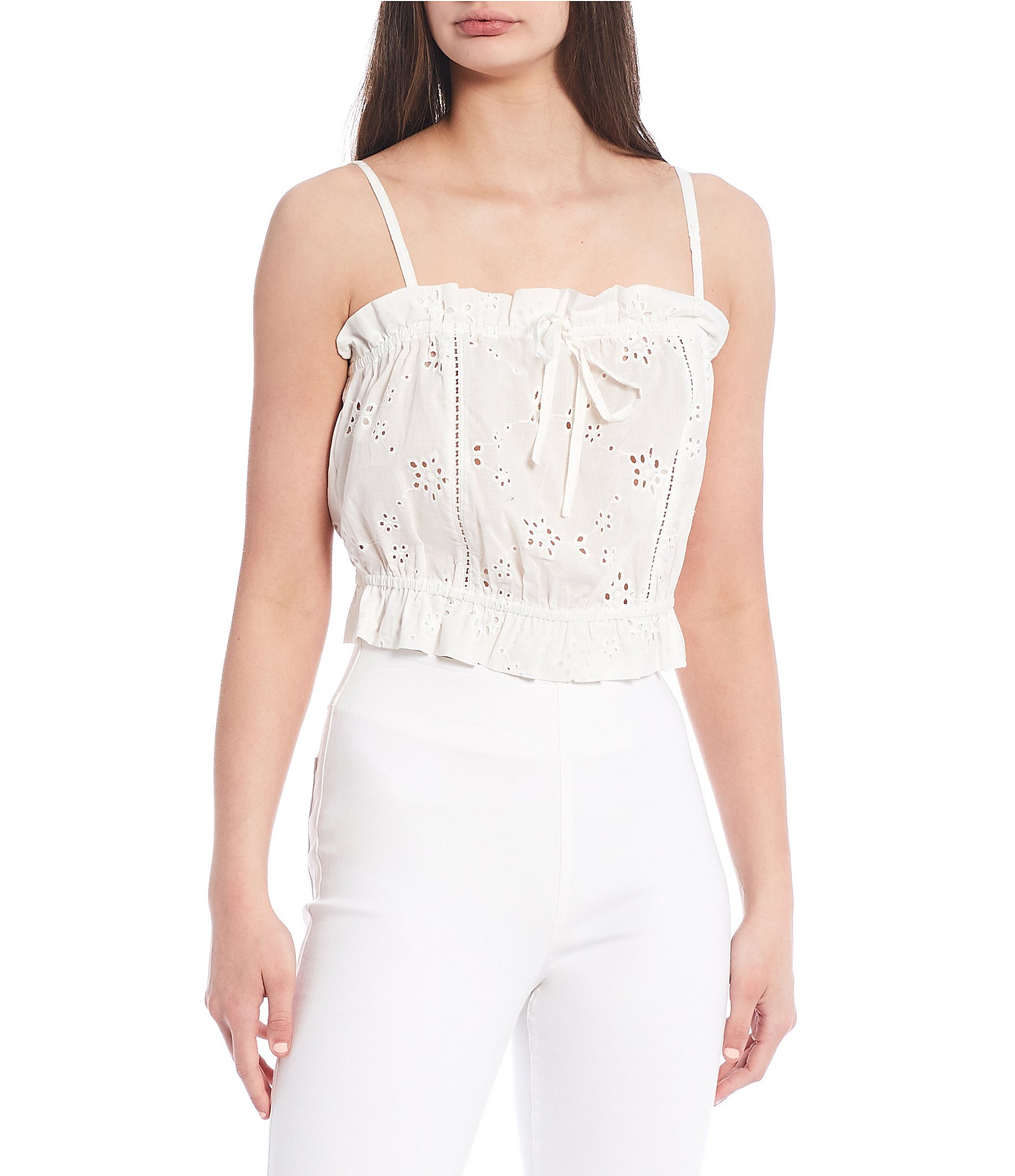 C&V Chelsea & Violet Ruffle Hem Eyelet Cropped Top | Dillard's