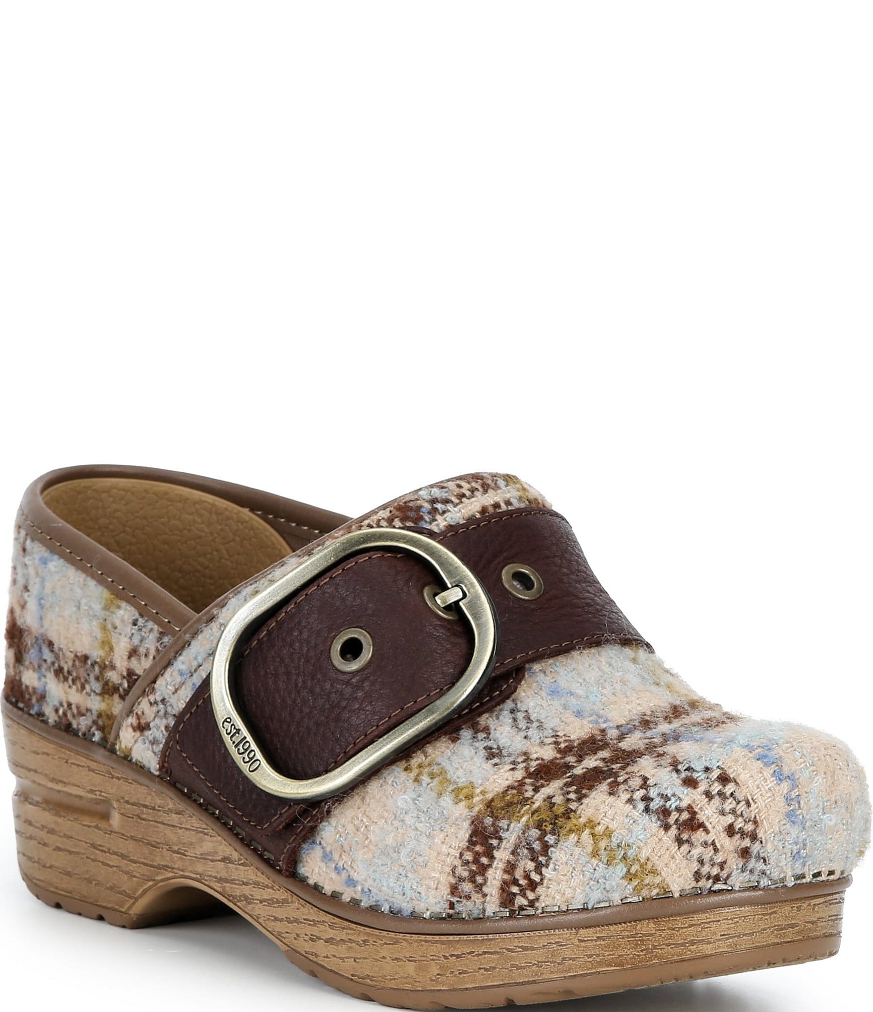 Dansko Pearson Plaid Buckle Hardware Clogs