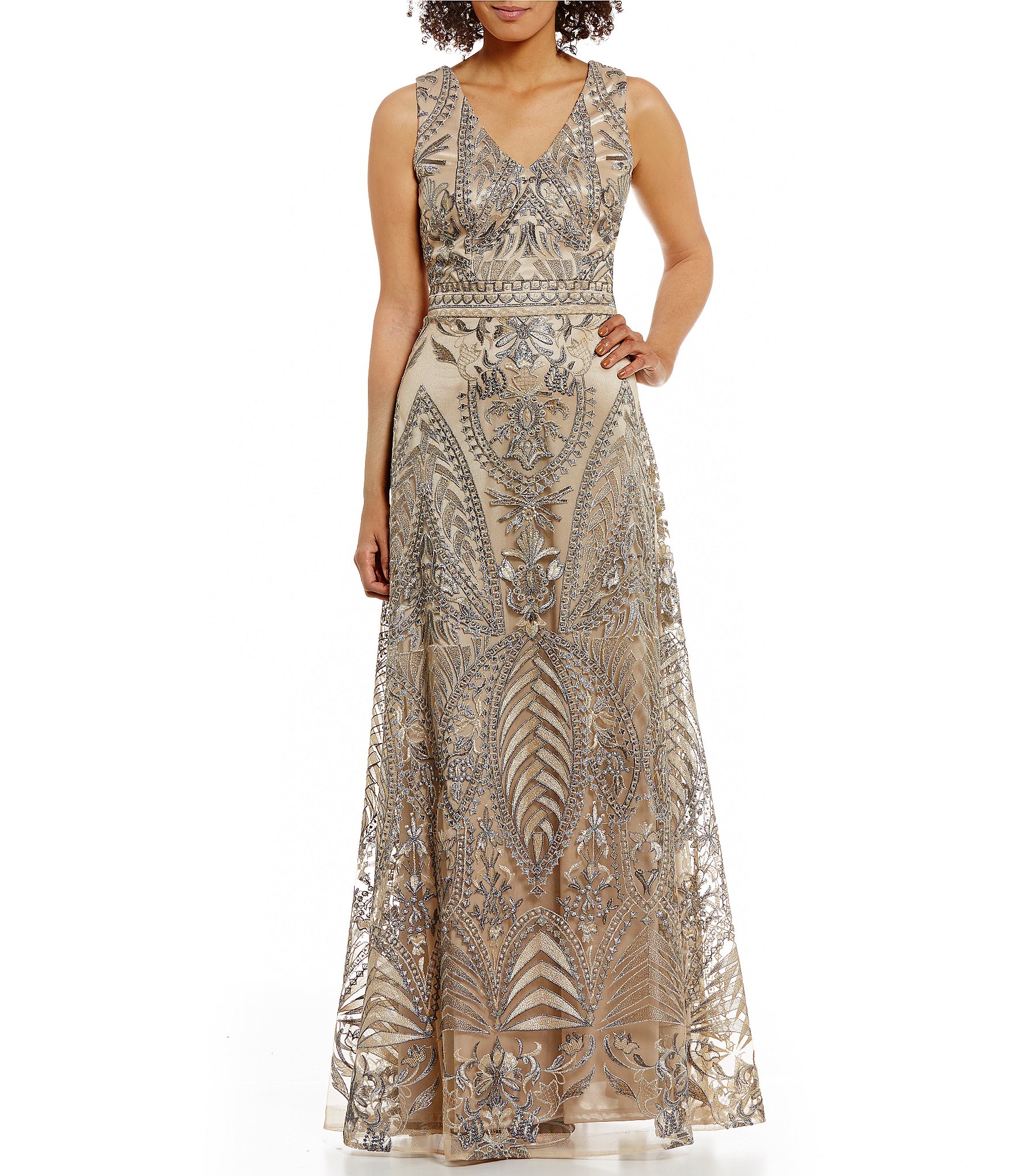 David Meister Vintage V-Neck Metallic Embroidered Gown | Dillards