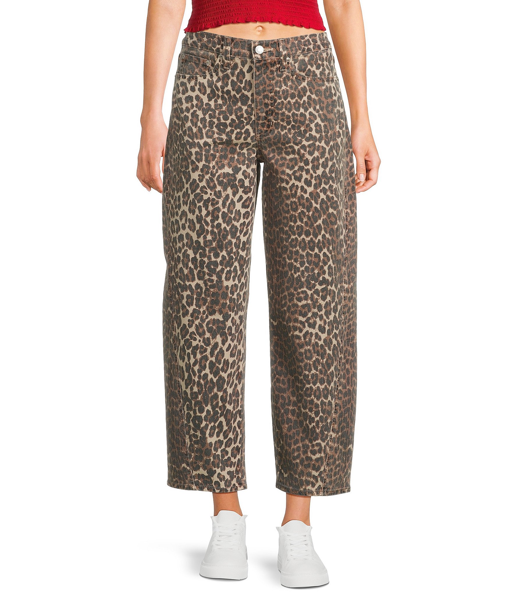 Daze Barrell Leg Mid Rise Leopard Print Denim Jeans | Dillard's