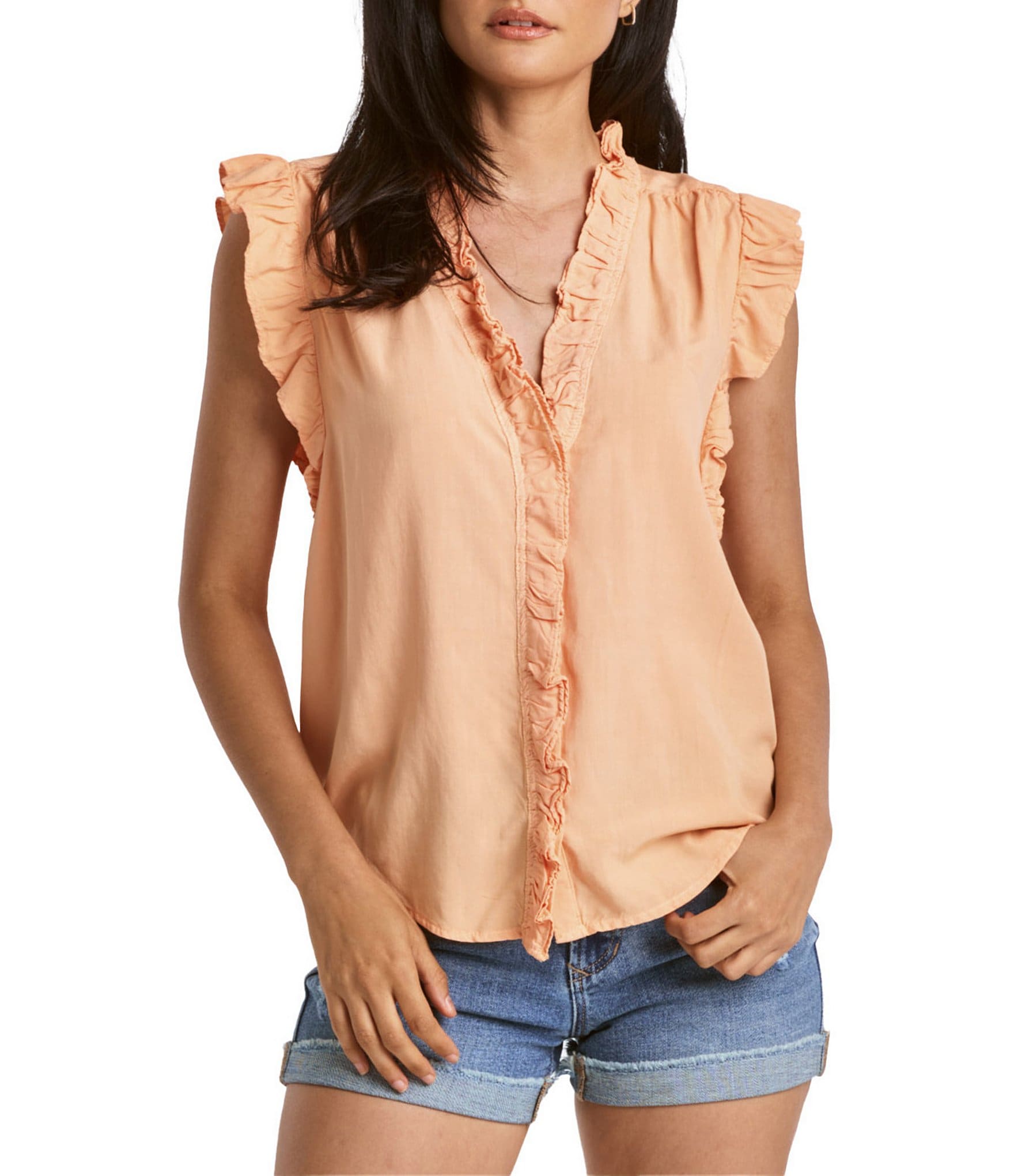 Dear John Ellie Sleeveless V Neck Ruffle Blouse Dillards