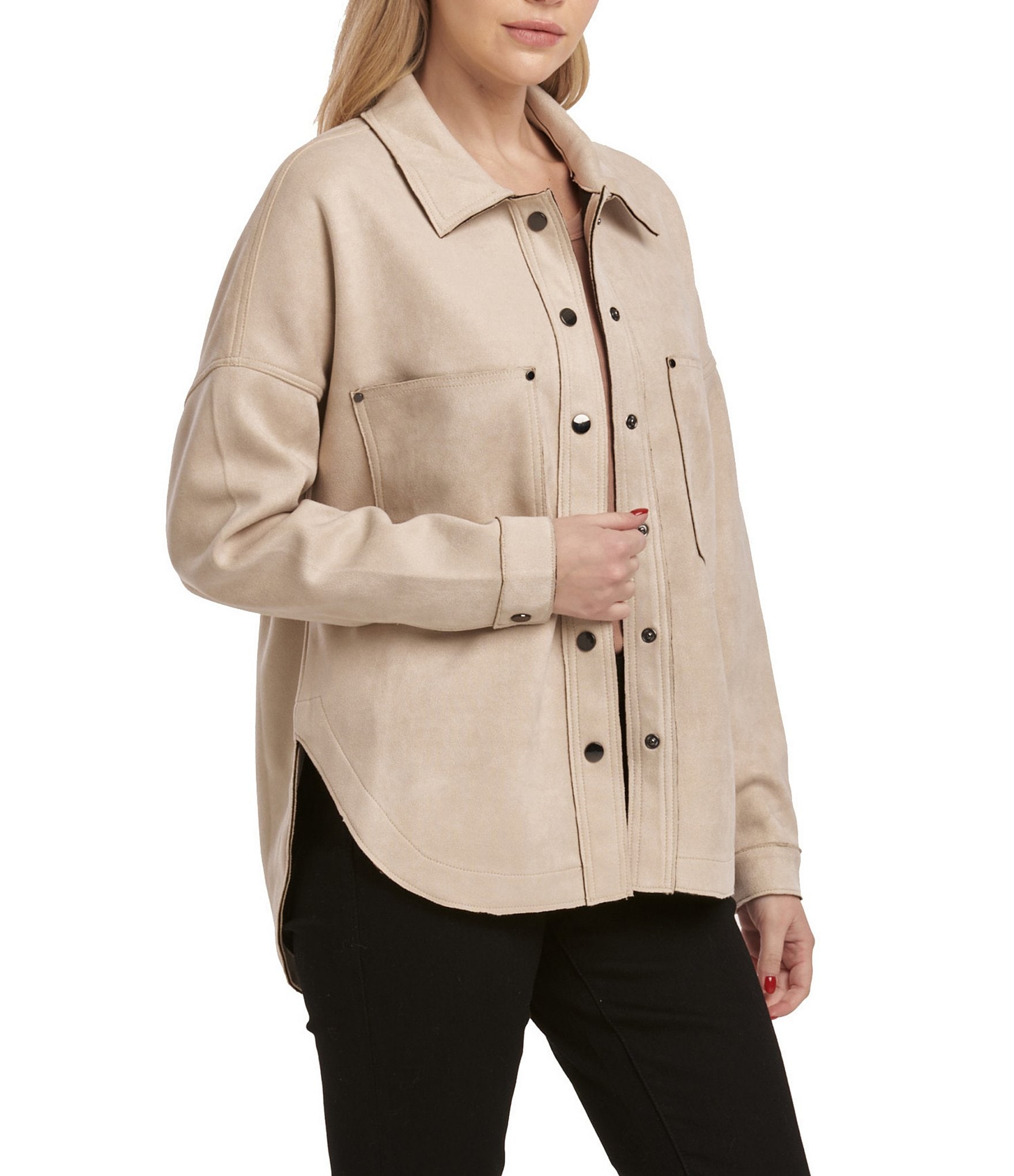 Dear John Gina Faux Suede Collared Snap-Front Patch Pocket Jacket