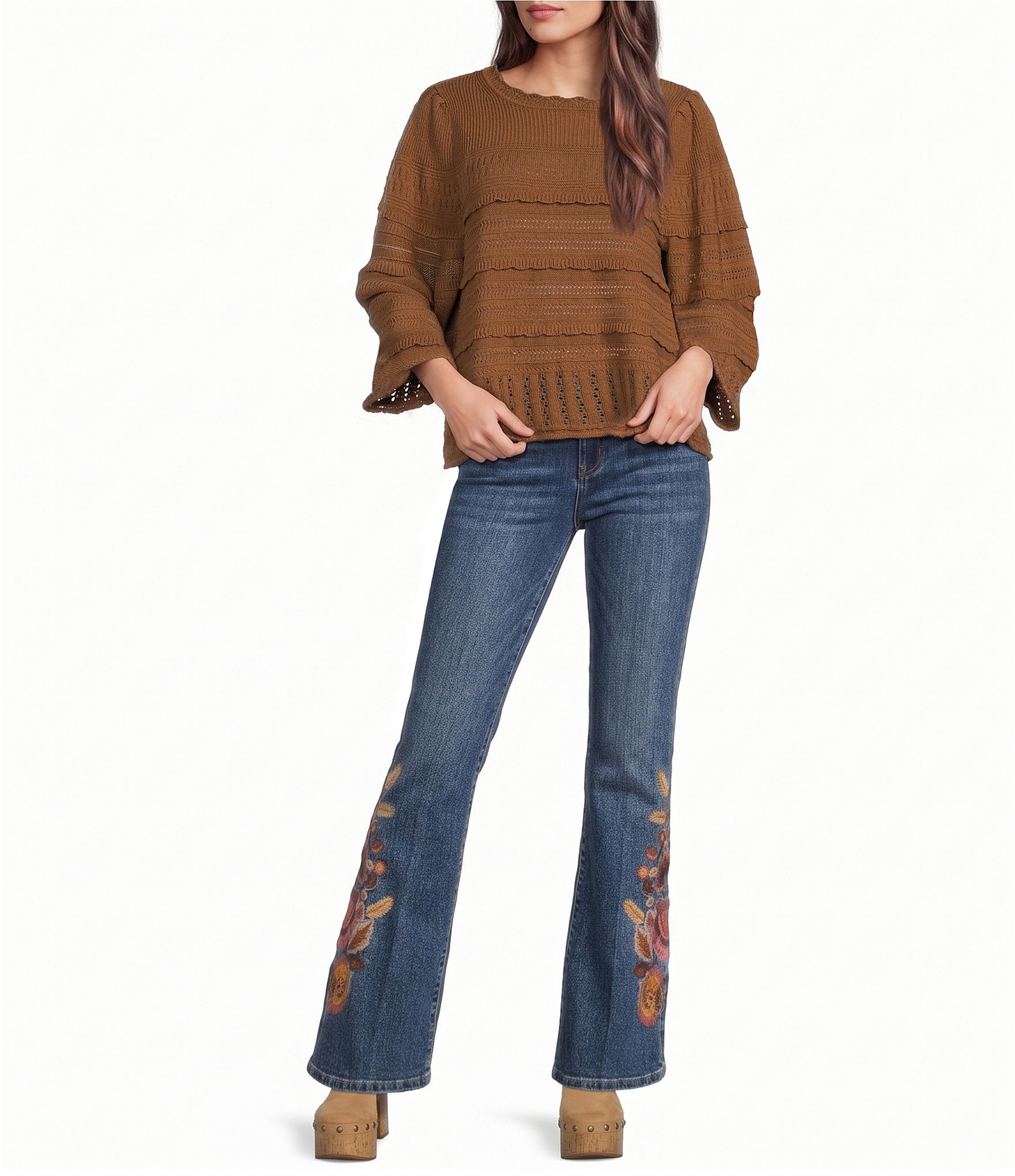 Dear John Stretch Denim Rosa Floral Embroidery Legs Mid Rise Boot Cut Full Length Jeans