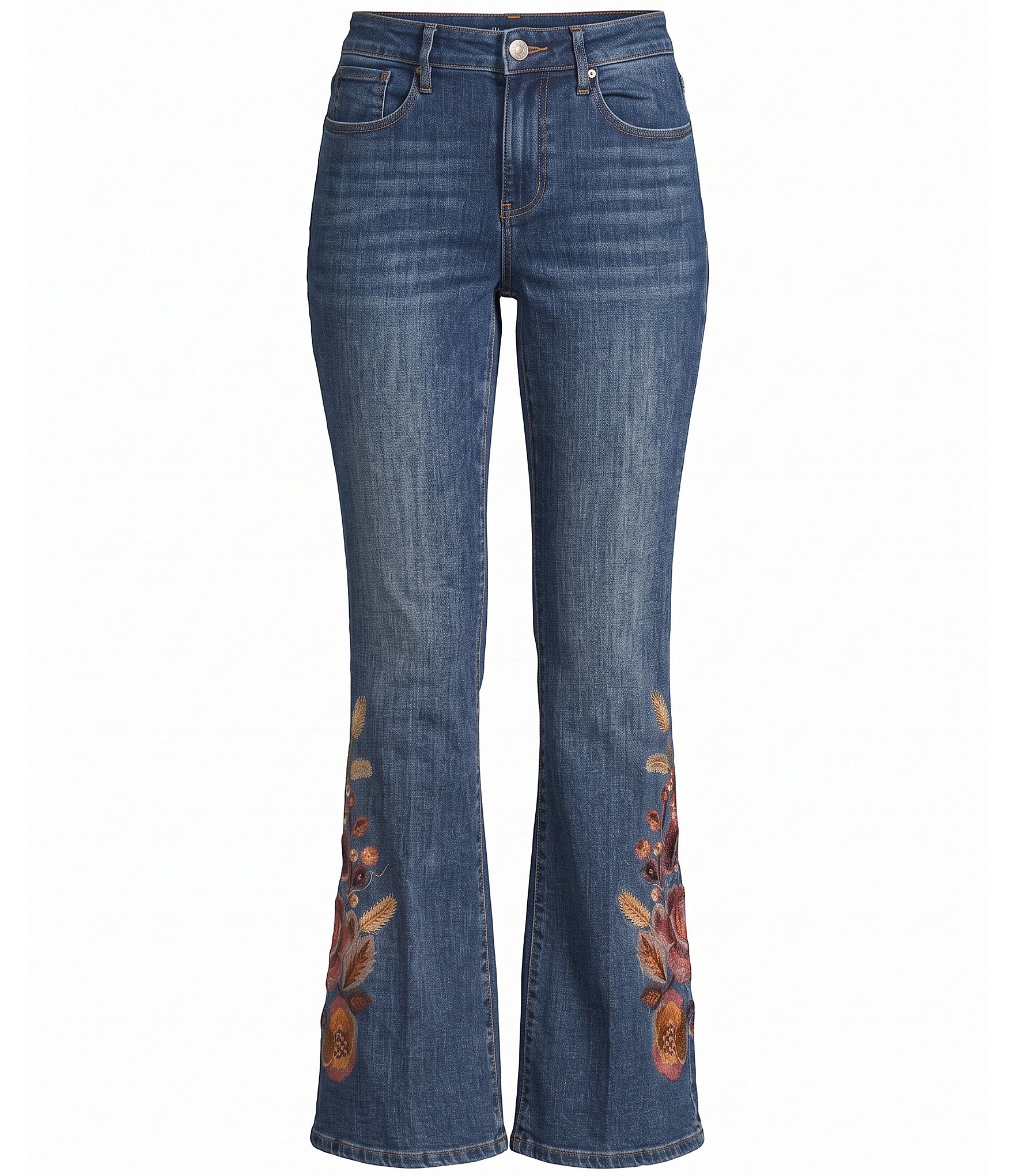 Dear John Stretch Denim Rosa Floral Embroidery Legs Mid Rise Boot Cut Full Length Jeans