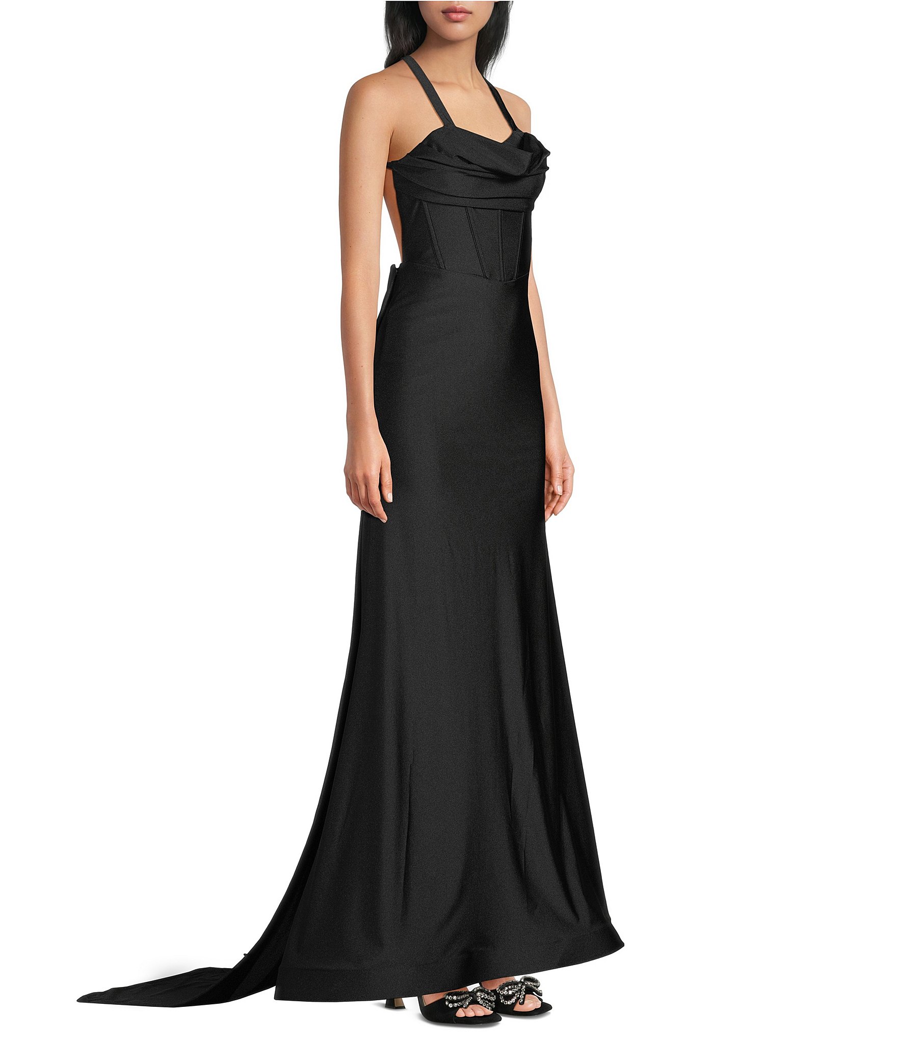 Dear Moon Cowl Neck Corseted Open Bow Back Long Dress