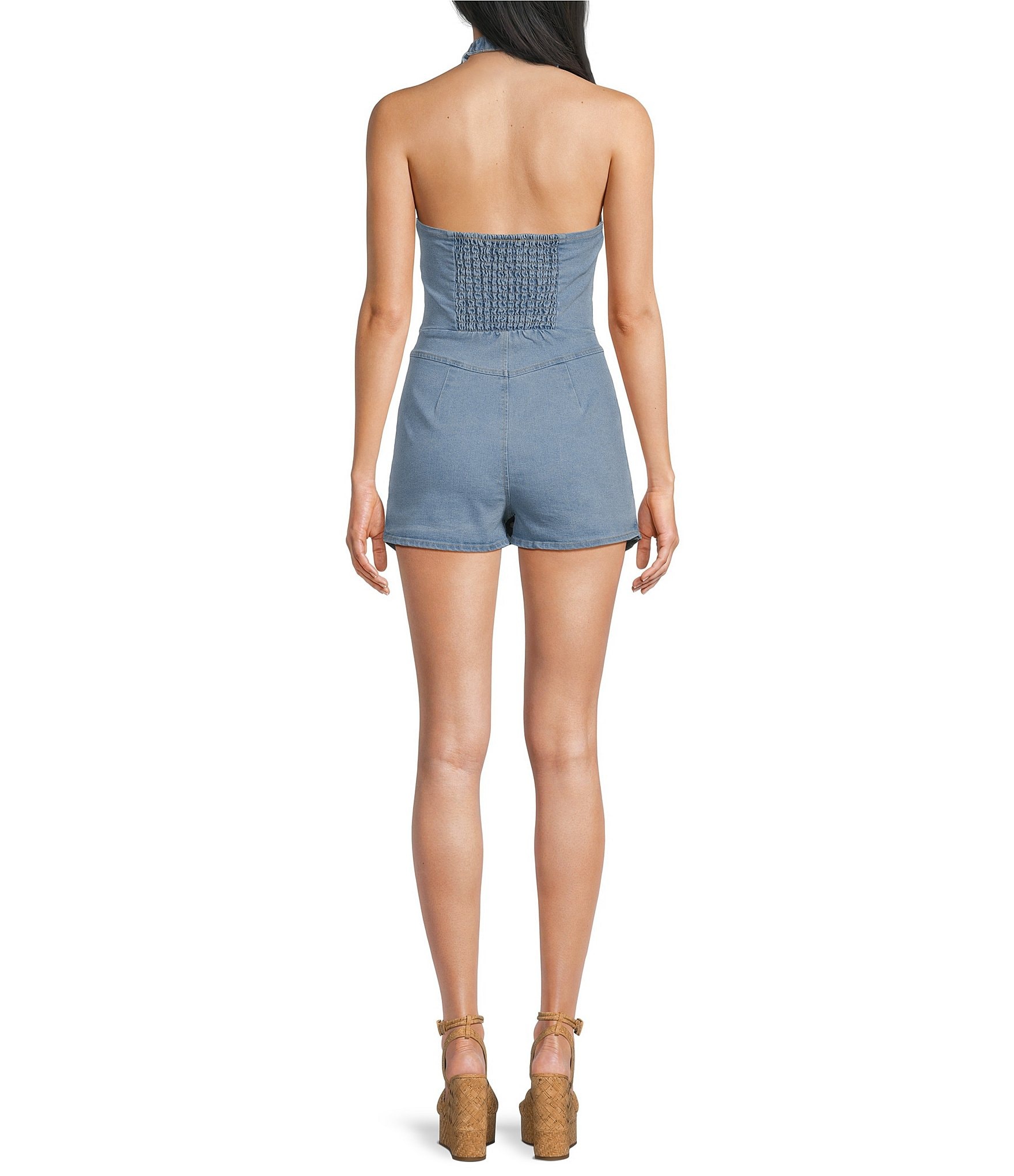 Dear Moon Denim Halter V-Neck Button Front Romper