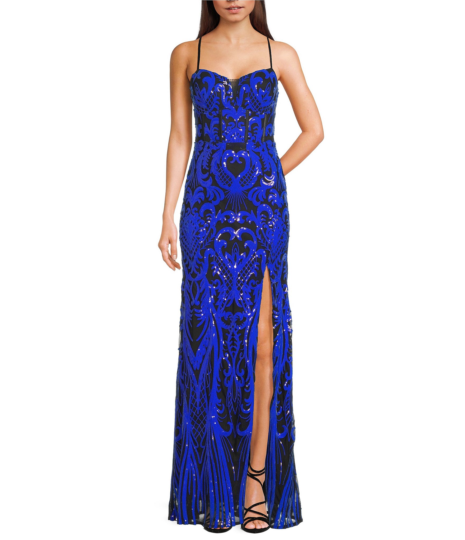 Dear Moon Power Mesh Sequin Patterned Side Slit Dress