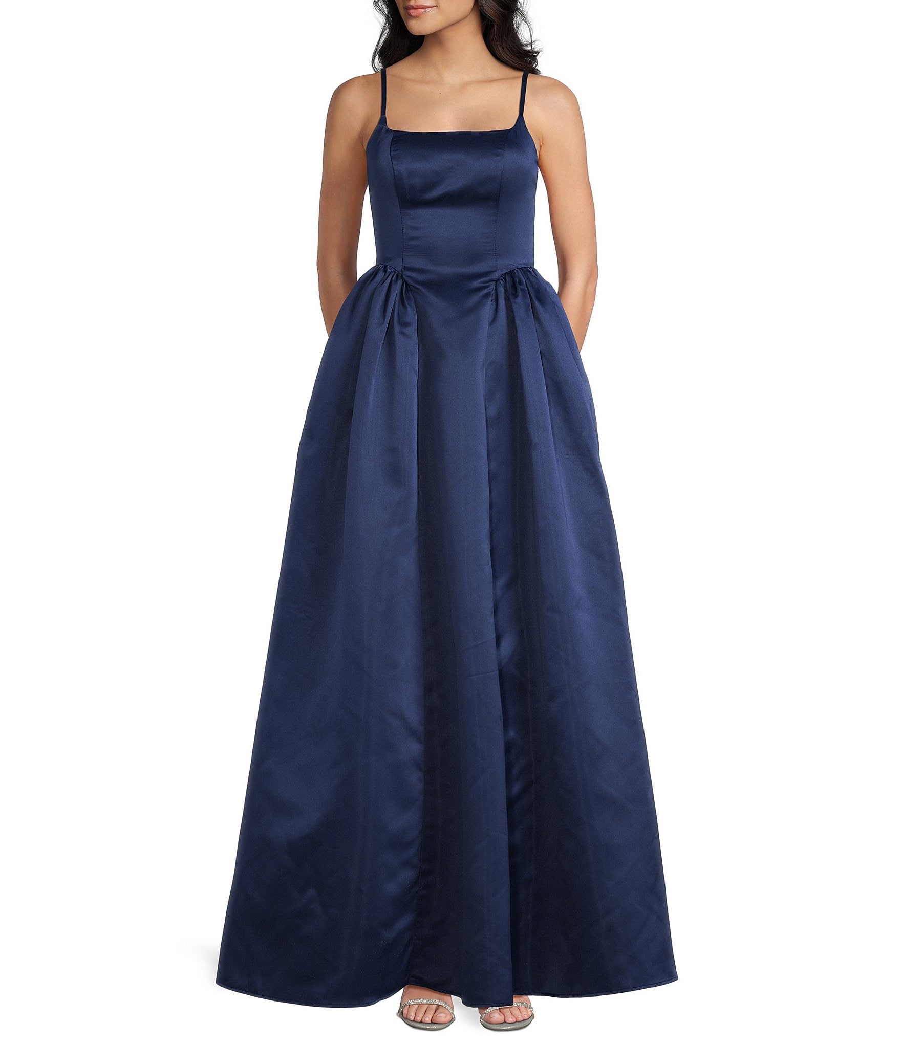 Dear Moon Satin Basque Waist Square Neck Spaghetti Straps Long Dress