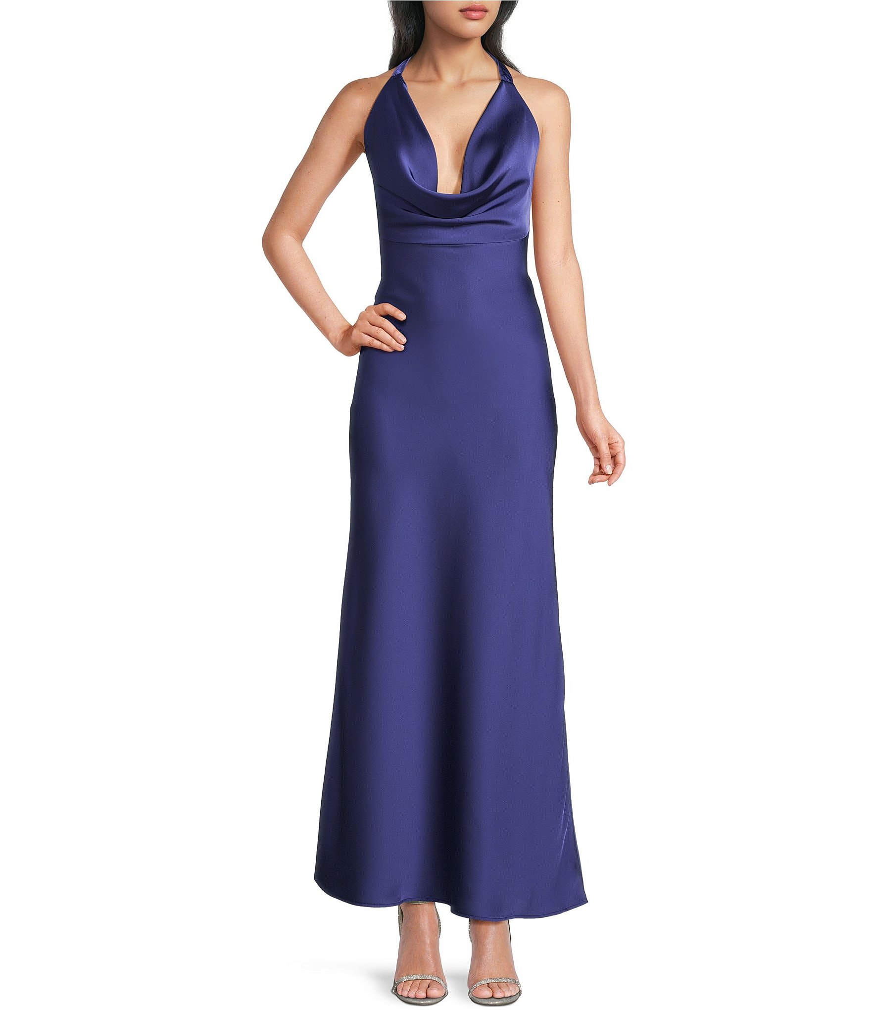 knee length dresses for ladies Satin Cowl Neck Slip Midi Black Dress main image 0