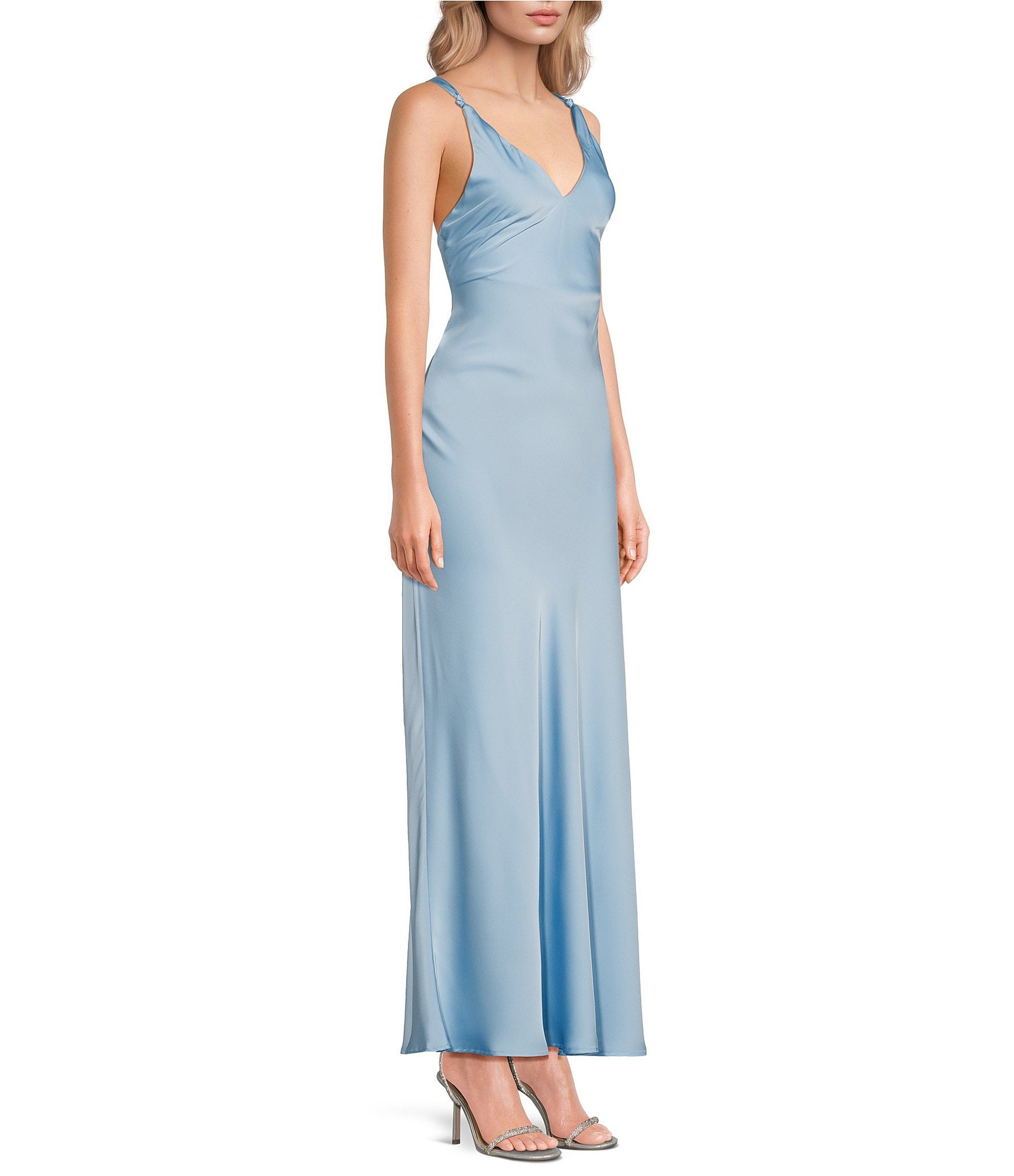 Dear Moon Satin V-Neck Knotted Strap Maxi Slip Dress