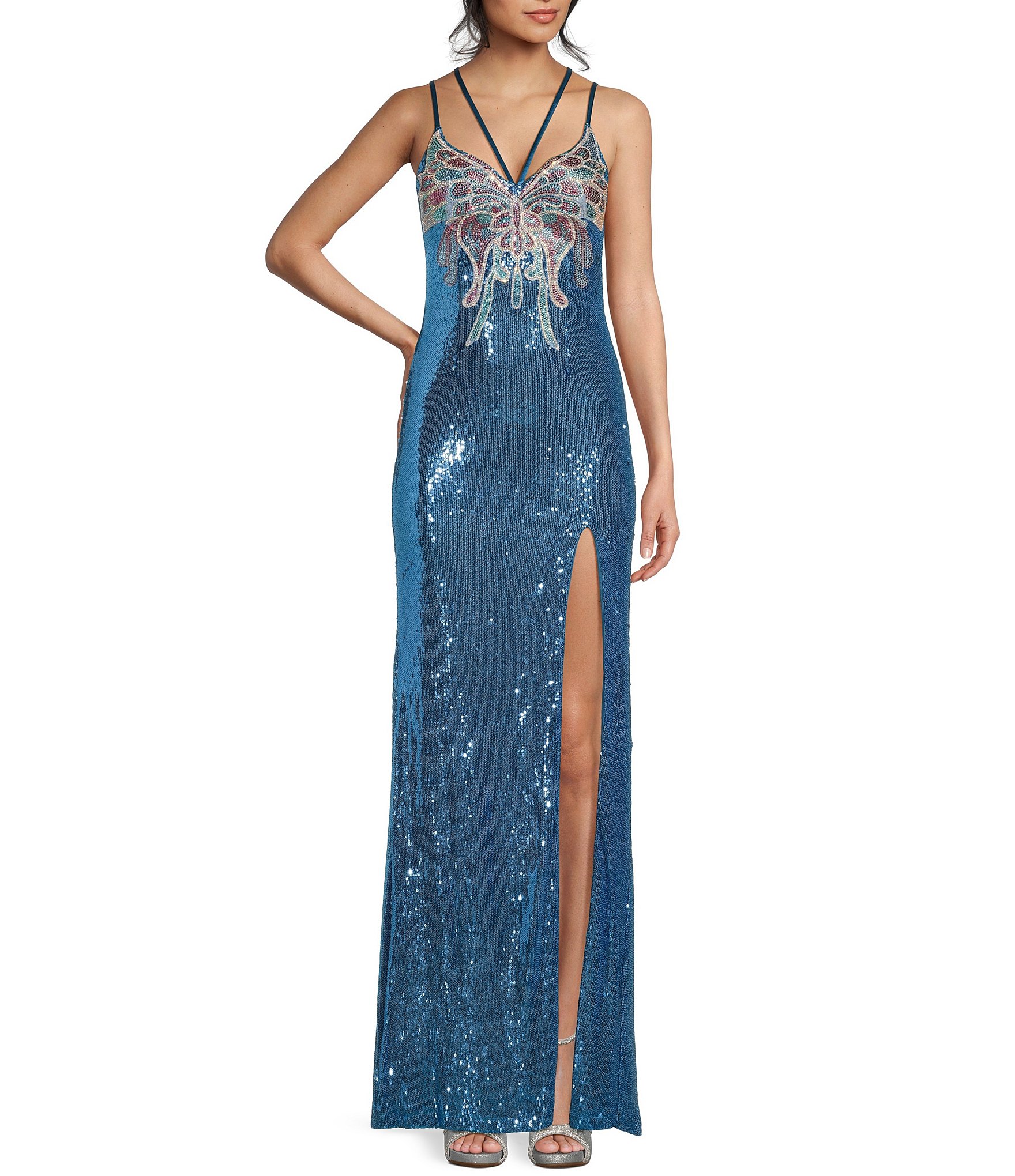 Dear Moon Sequin Butterfly Applique V-Neck Lace Up Back Cutout Gown |  Dillard's