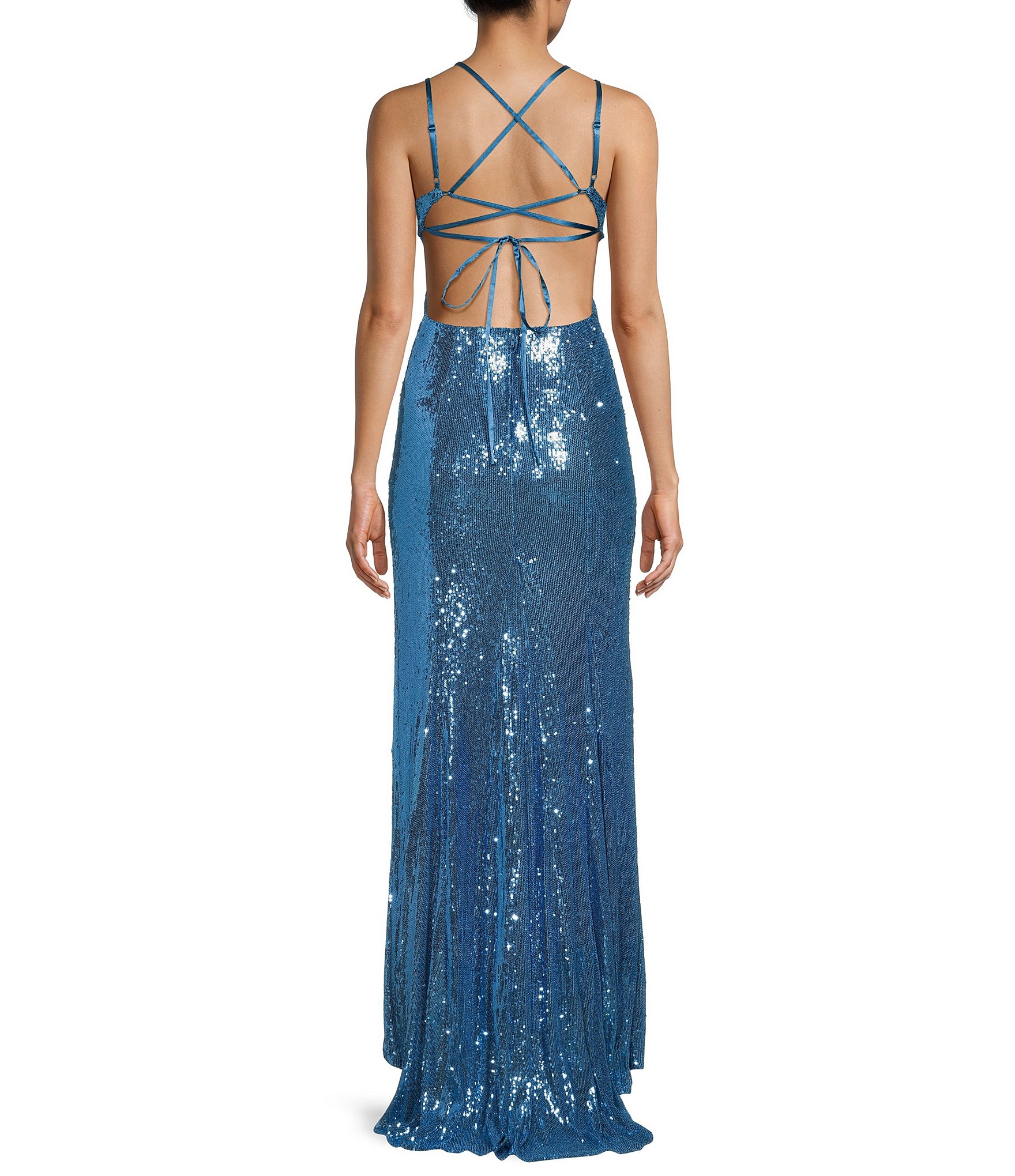 Dear Moon Sequin Butterfly Applique V-Neck Lace Up Back Cutout Gown