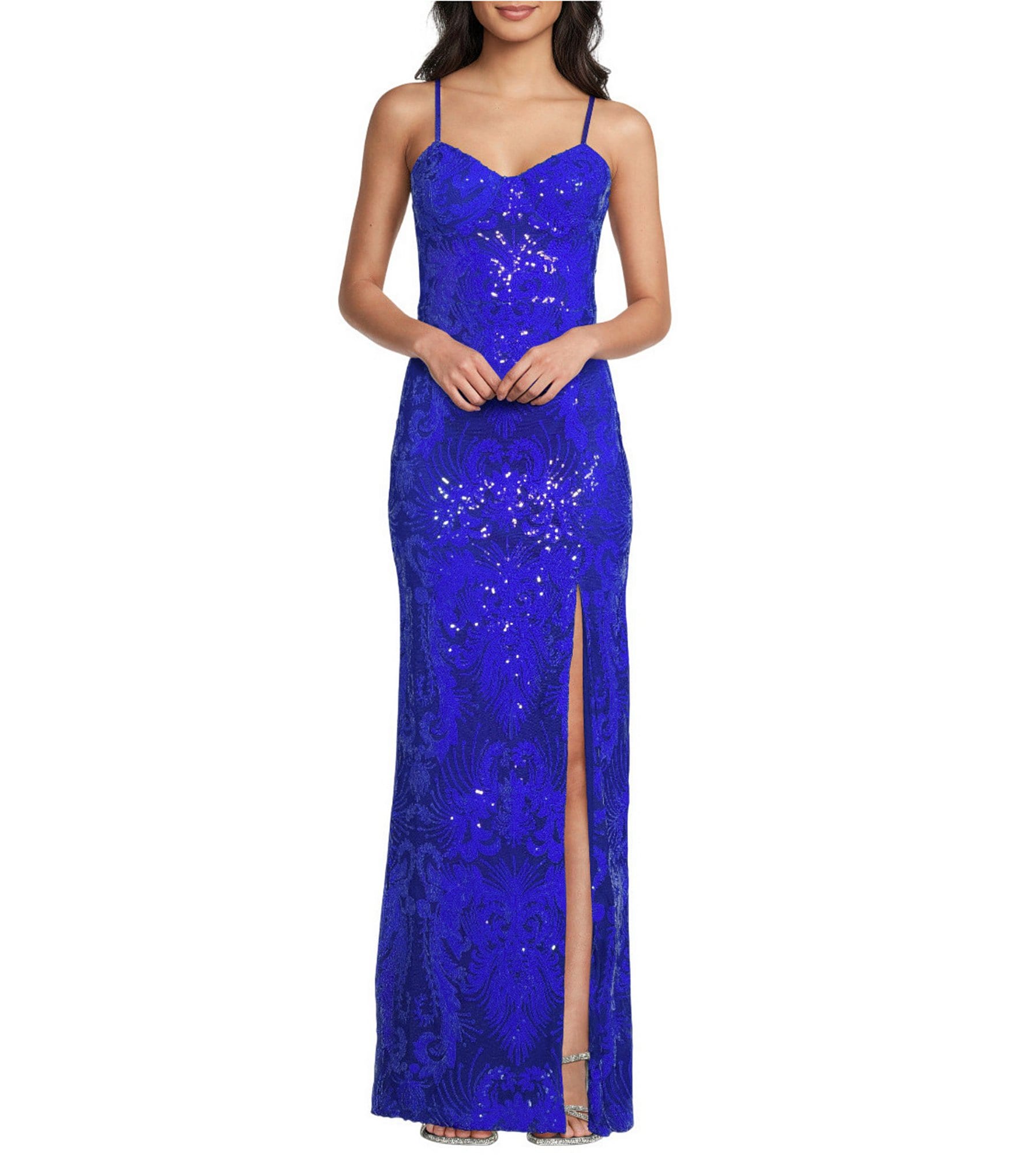 Dear Moon Sequin Patterned Sweetheart Neck Side Slit Fitted Long Dress