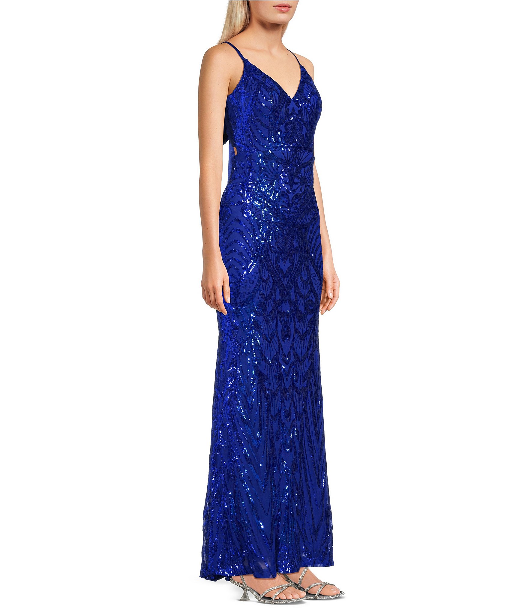 Dear Moon Sequin Patterned V-Neck Satin Tie Back Dress