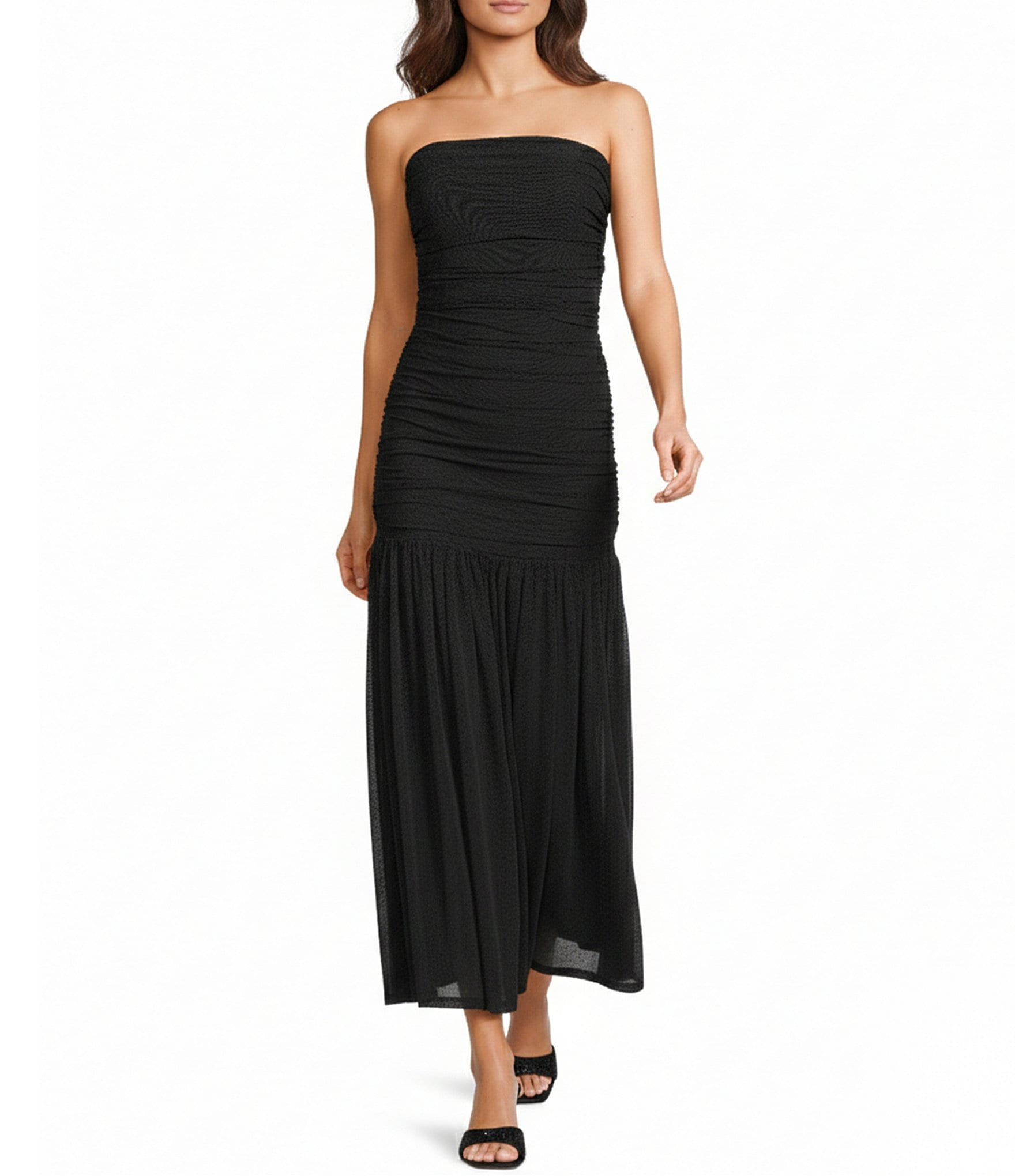 Dear Moon Strapless Shirred Mesh Maxi Dress