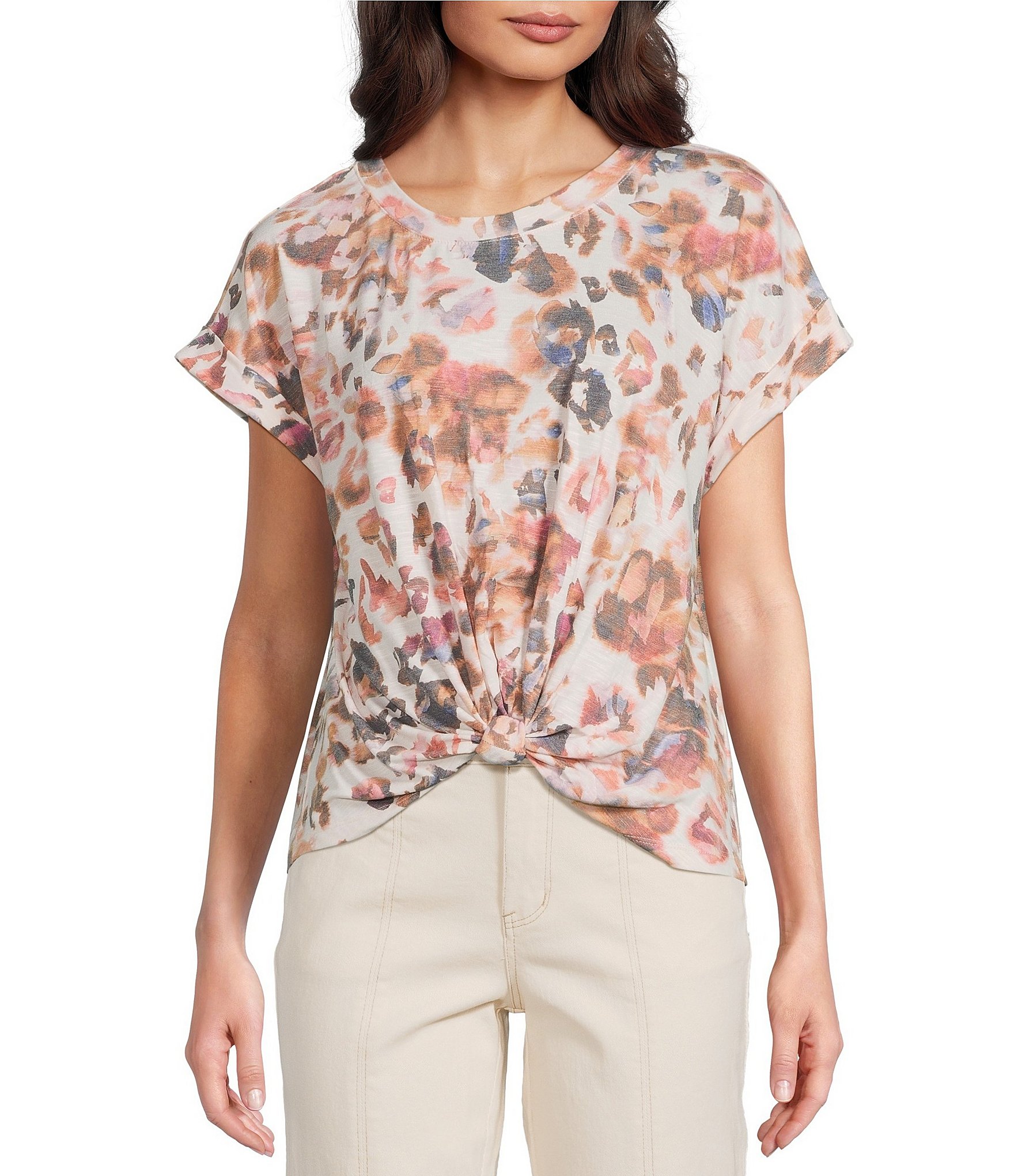 Democracy Abstract Floral Crew Neck Short Sleeve Knot Hem Knit Top