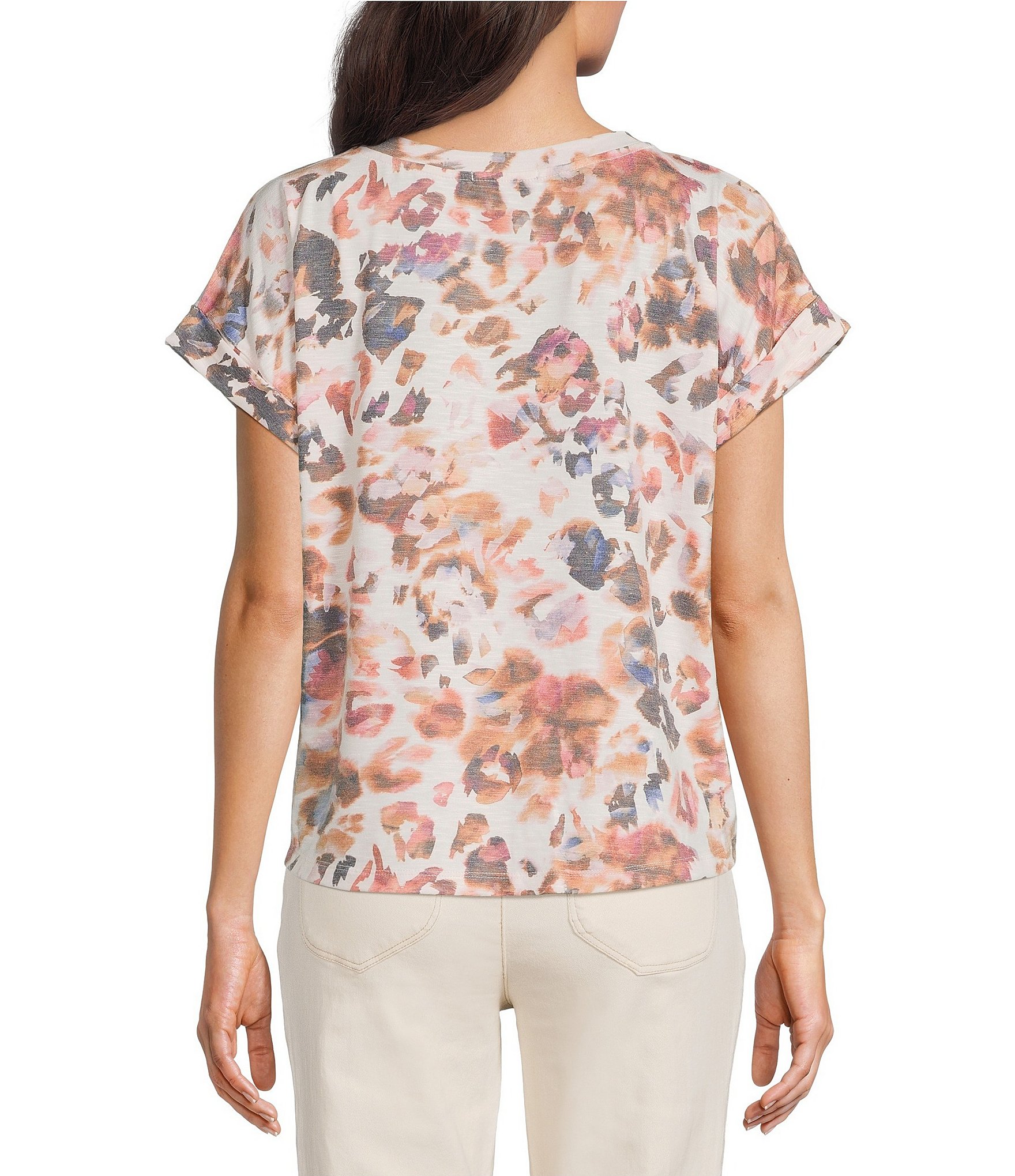 Democracy Abstract Floral Crew Neck Short Sleeve Knot Hem Knit Top