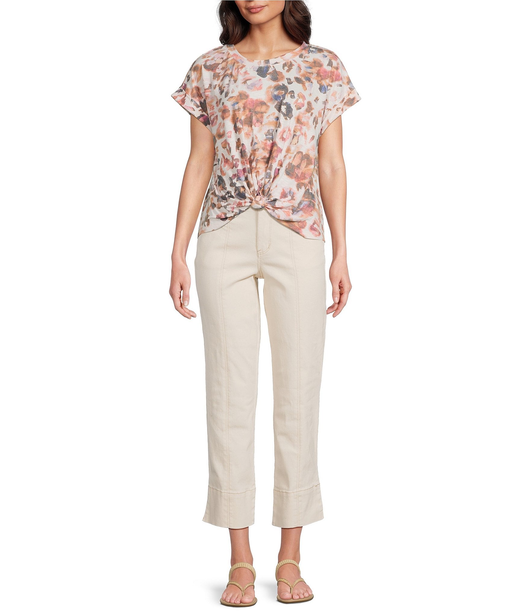 Democracy Abstract Floral Crew Neck Short Sleeve Knot Hem Knit Top