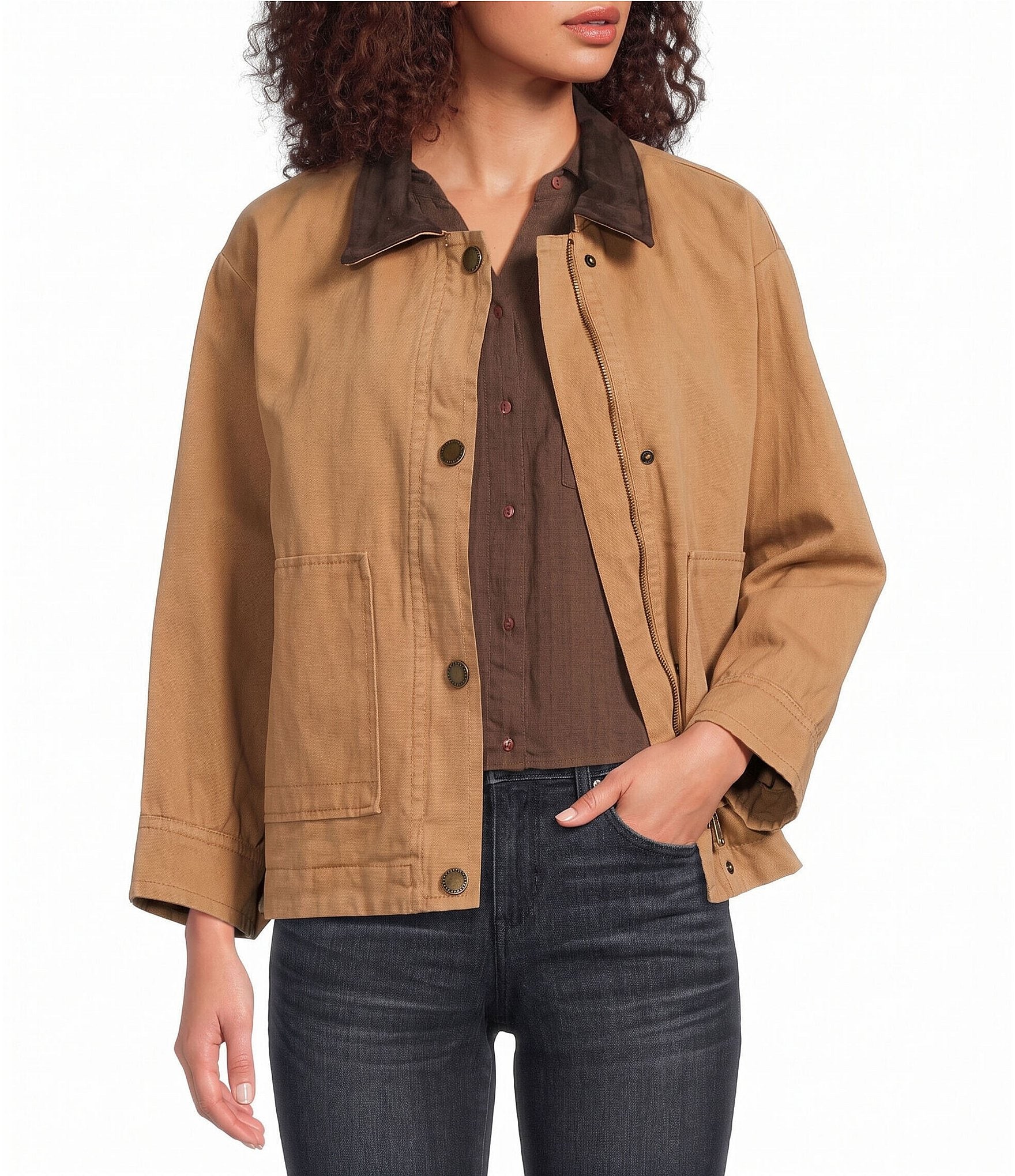Democracy Contrast Faux Suede Point Collar Wrist Length Sleeve Front Zip Barn Jacket
