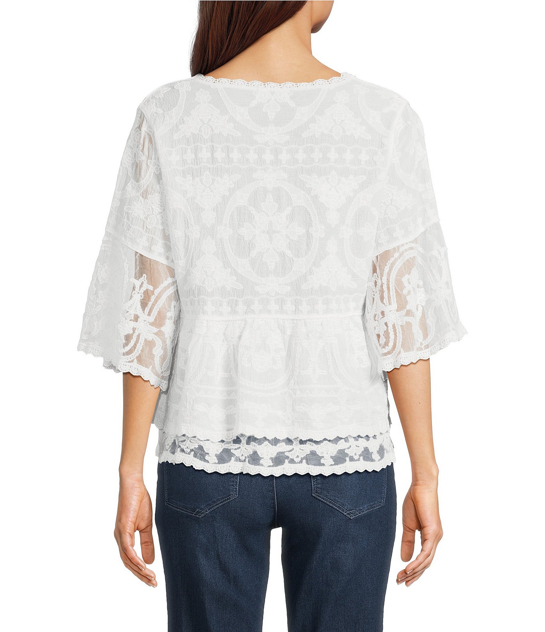 Democracy Allover Embroidered Scoop Neck 3/4 Sleeve Scallop edge Double Layer Hem Peplum Top