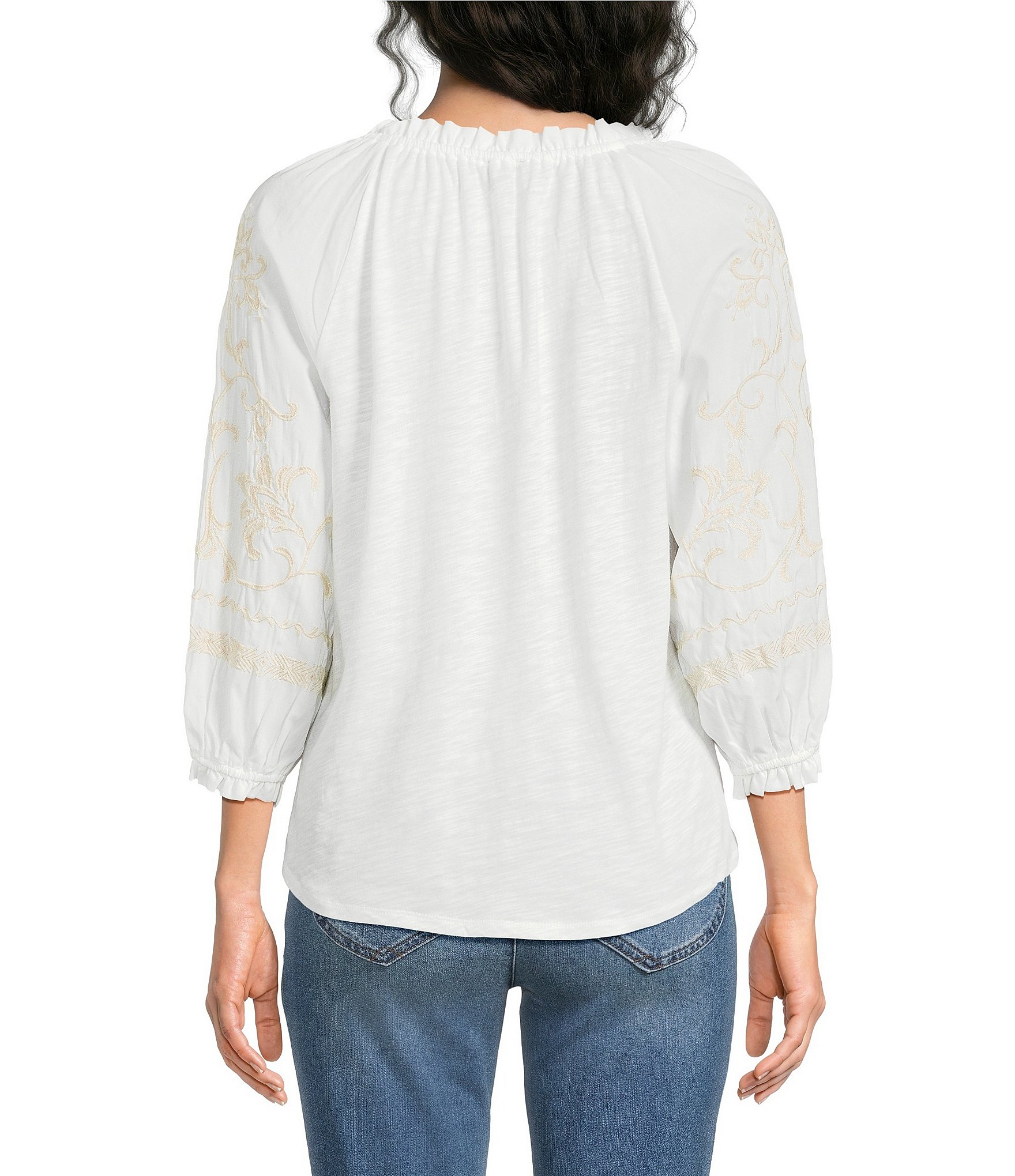 Democracy Embroidered Mixed-Media Ruffle Split V-Neck 3/4 Blouson Sleeve Top