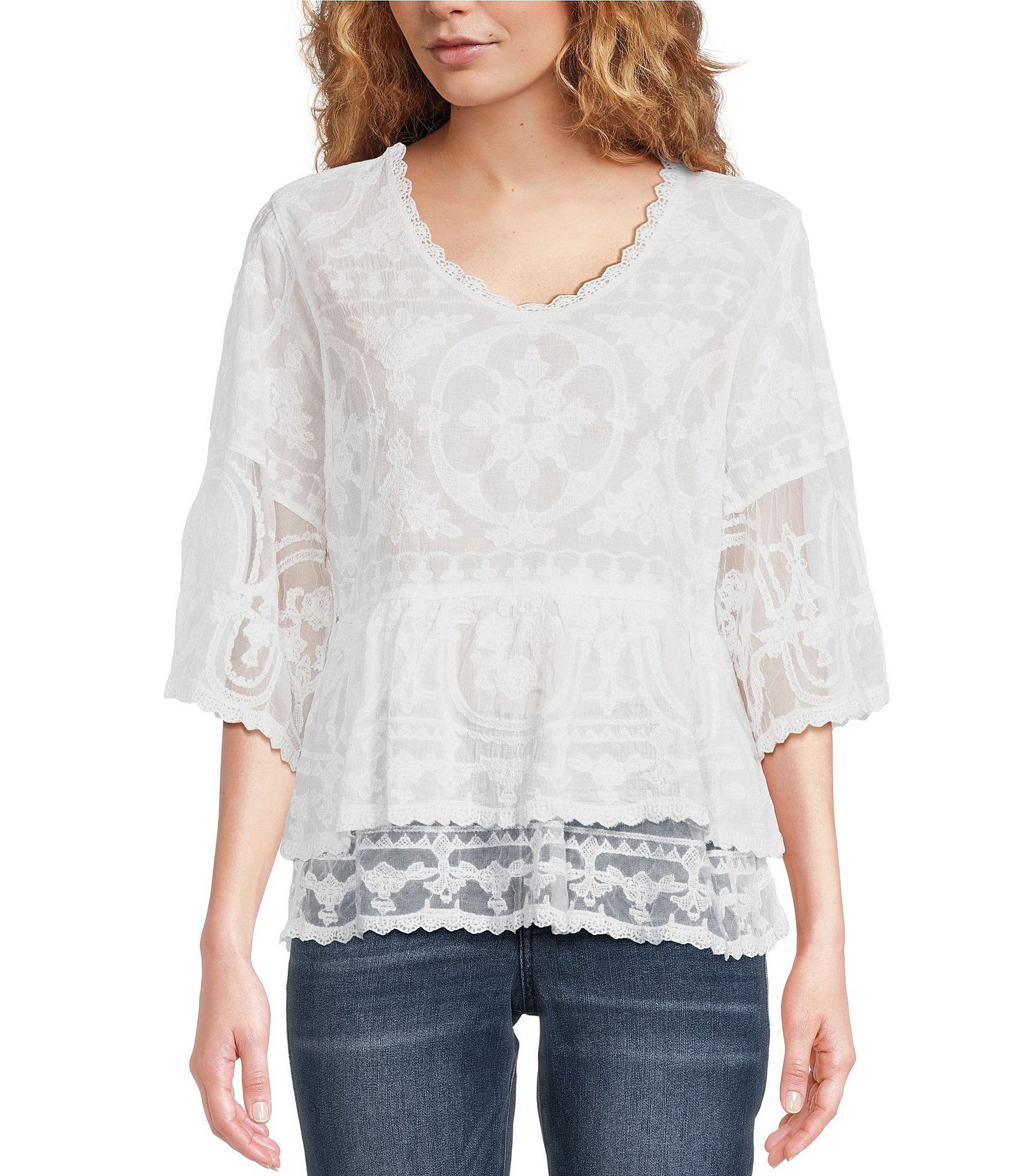 Democracy Embroidered Woven Round Neck 3/4 Sleeve Tiered 