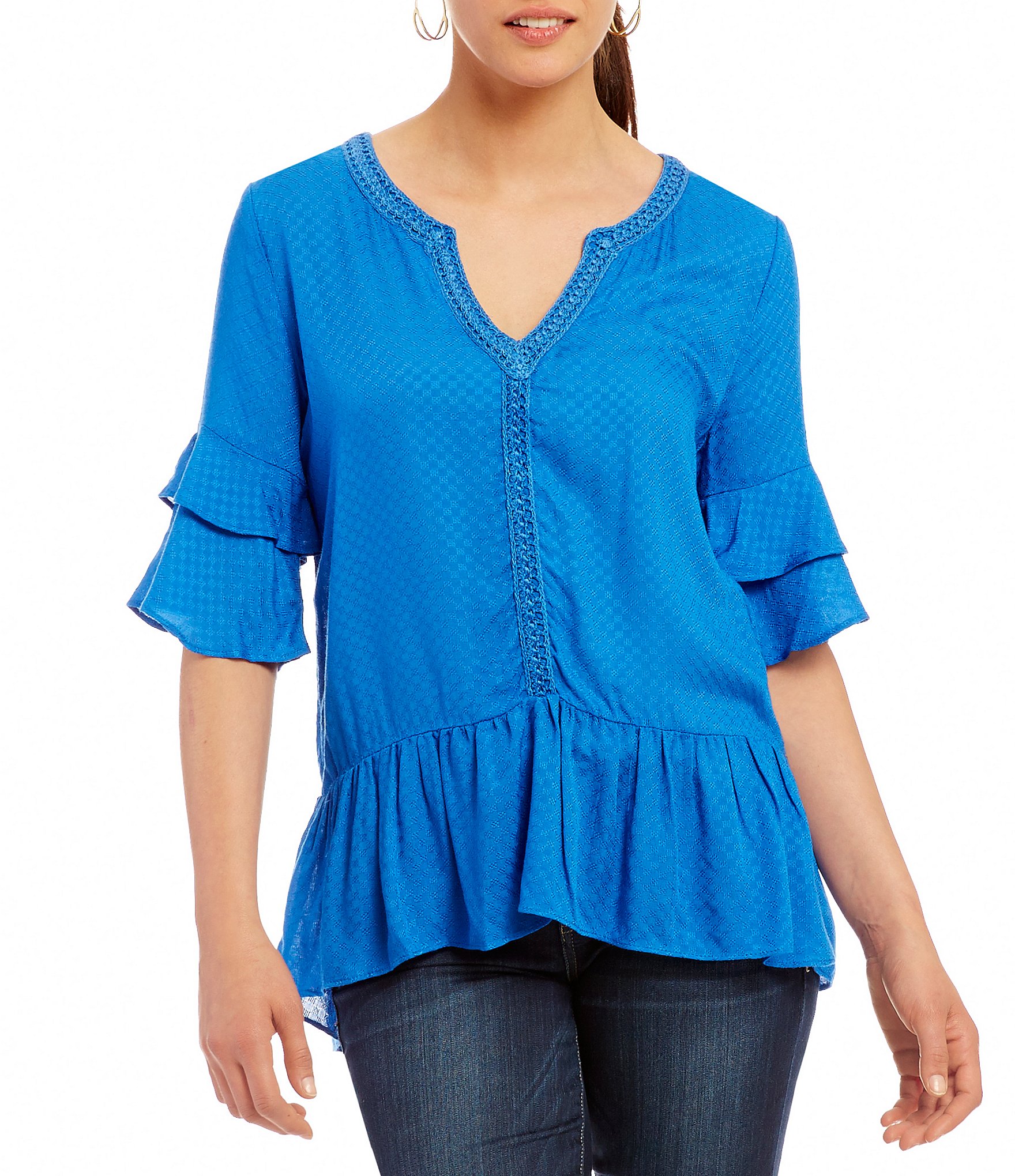 Democracy Hand Crochet Trim Tiered Ruffle Sleeve Peplum Top | Dillards