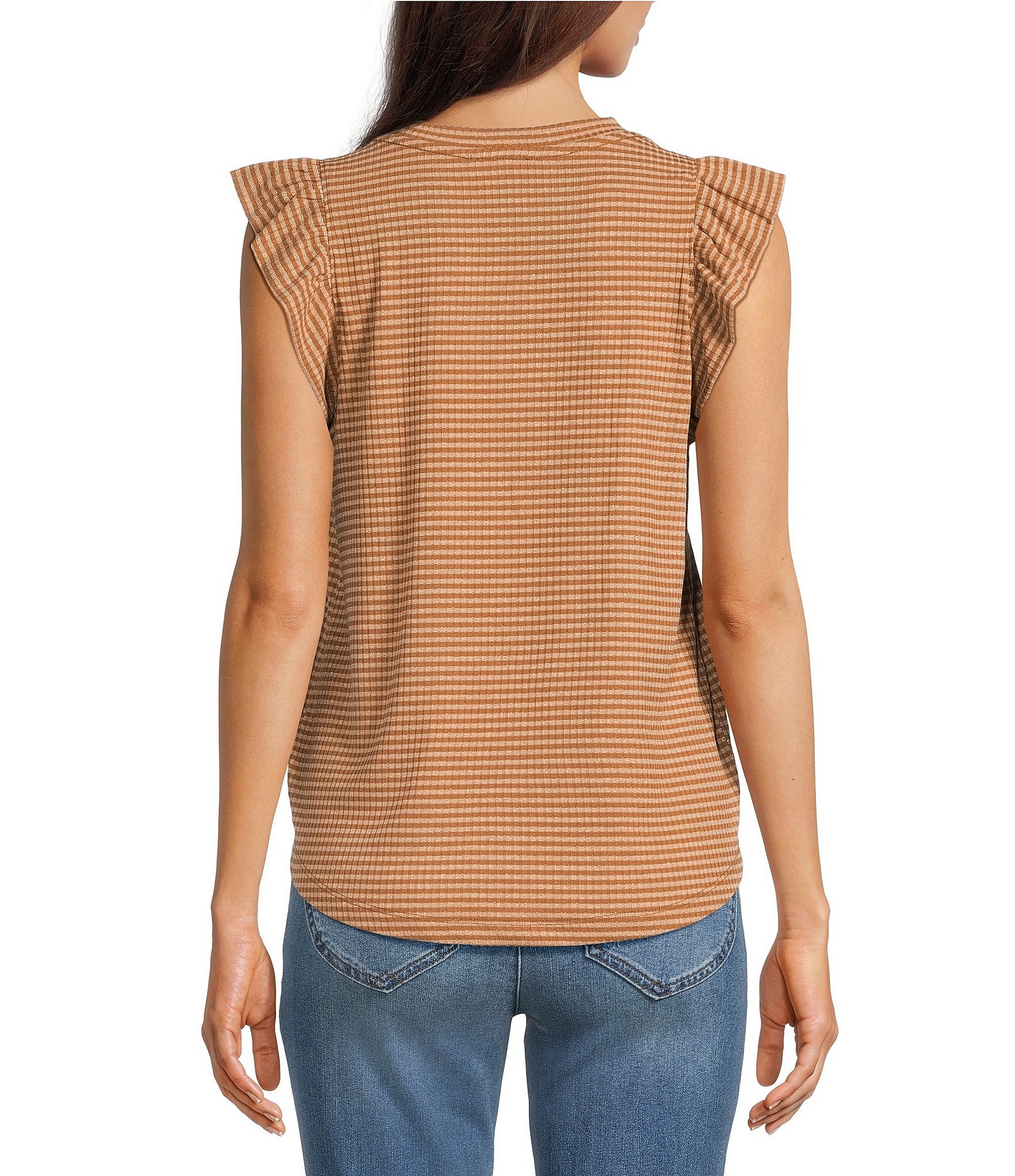 Democracy Lurex Stripe Crew Neck Ruffle Cap Sleeve Knit Top